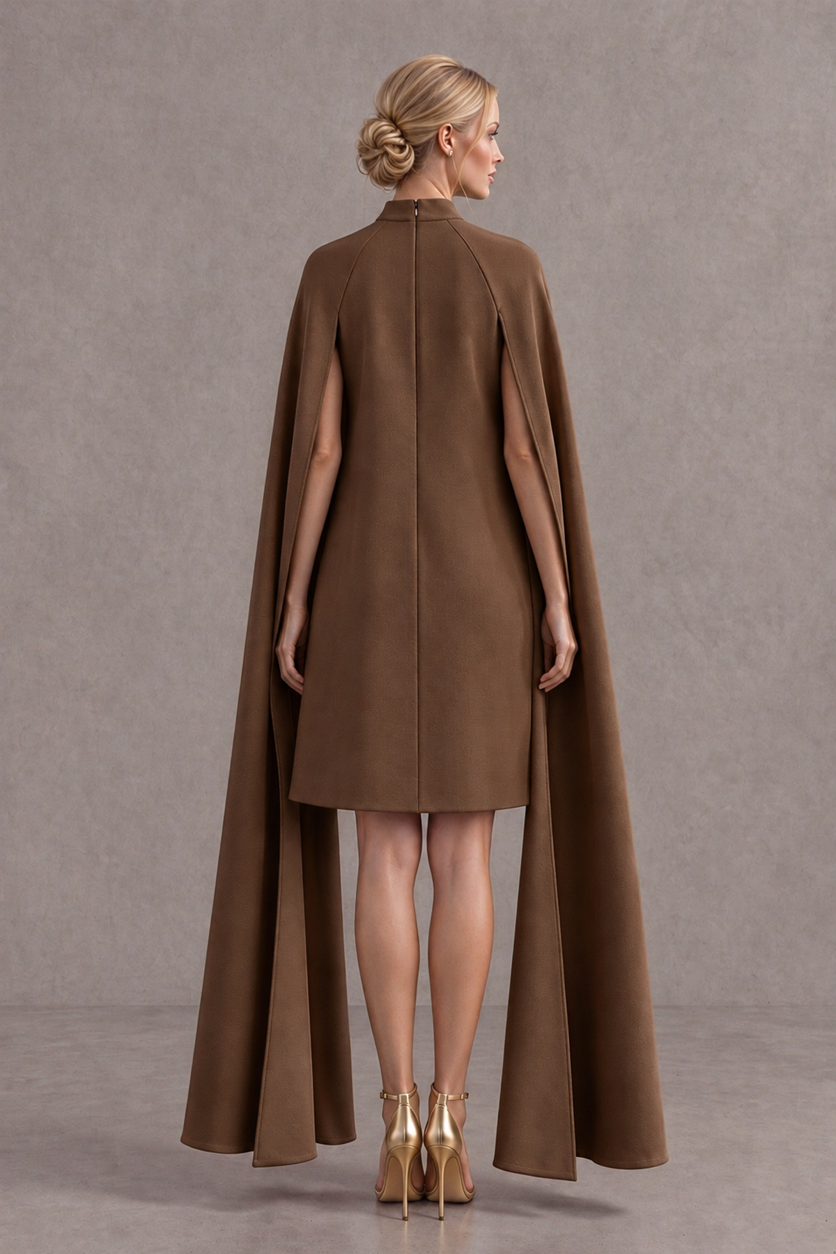 BOLODOO Brown High Neck Floral Cape Mini Cocktail Dress - Brown - Brown_3