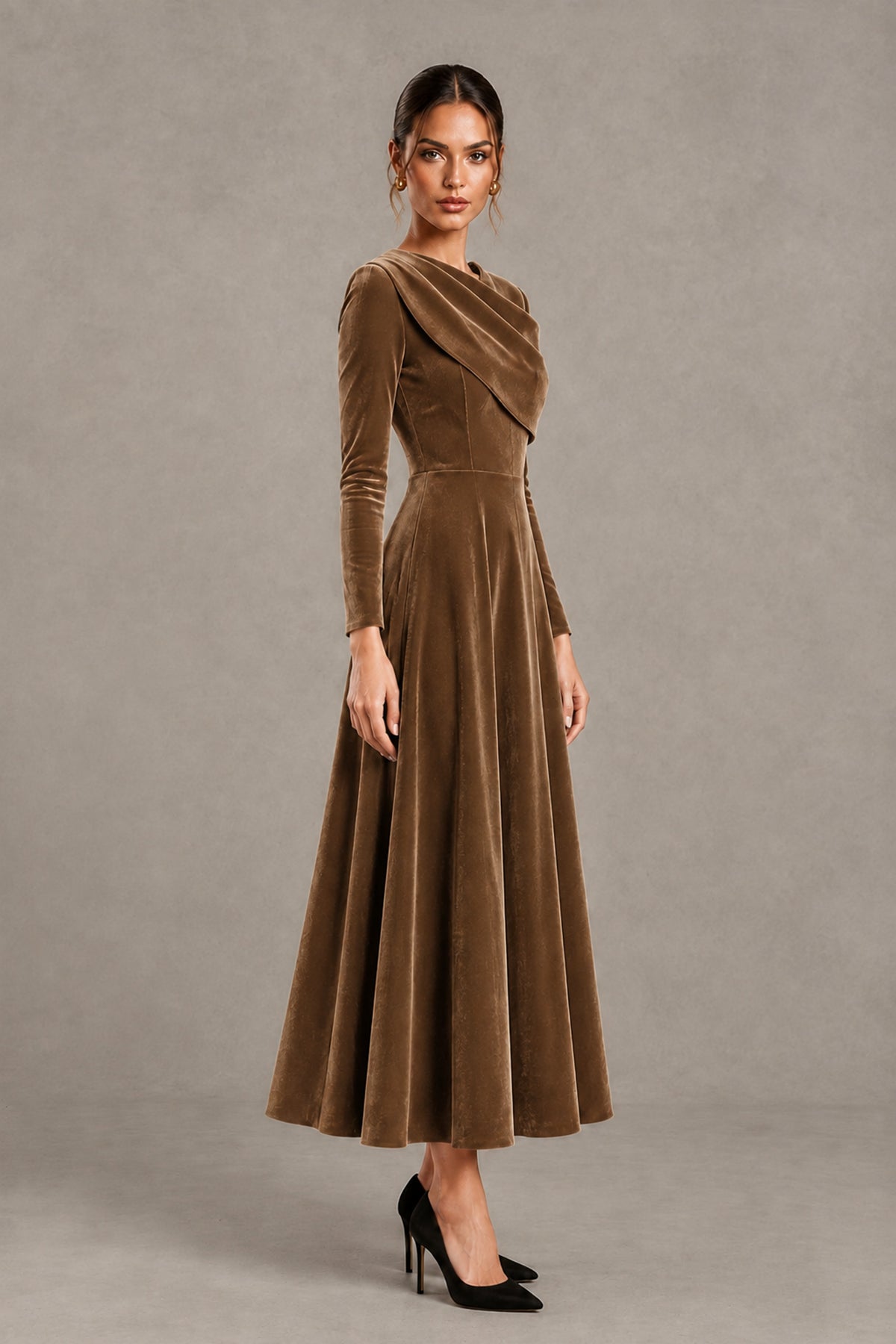 BOLODOO Brown Velvet-Look Long Sleeve Tea-Length A-Line Dress with Draped Neckline - Brown - Brown_3