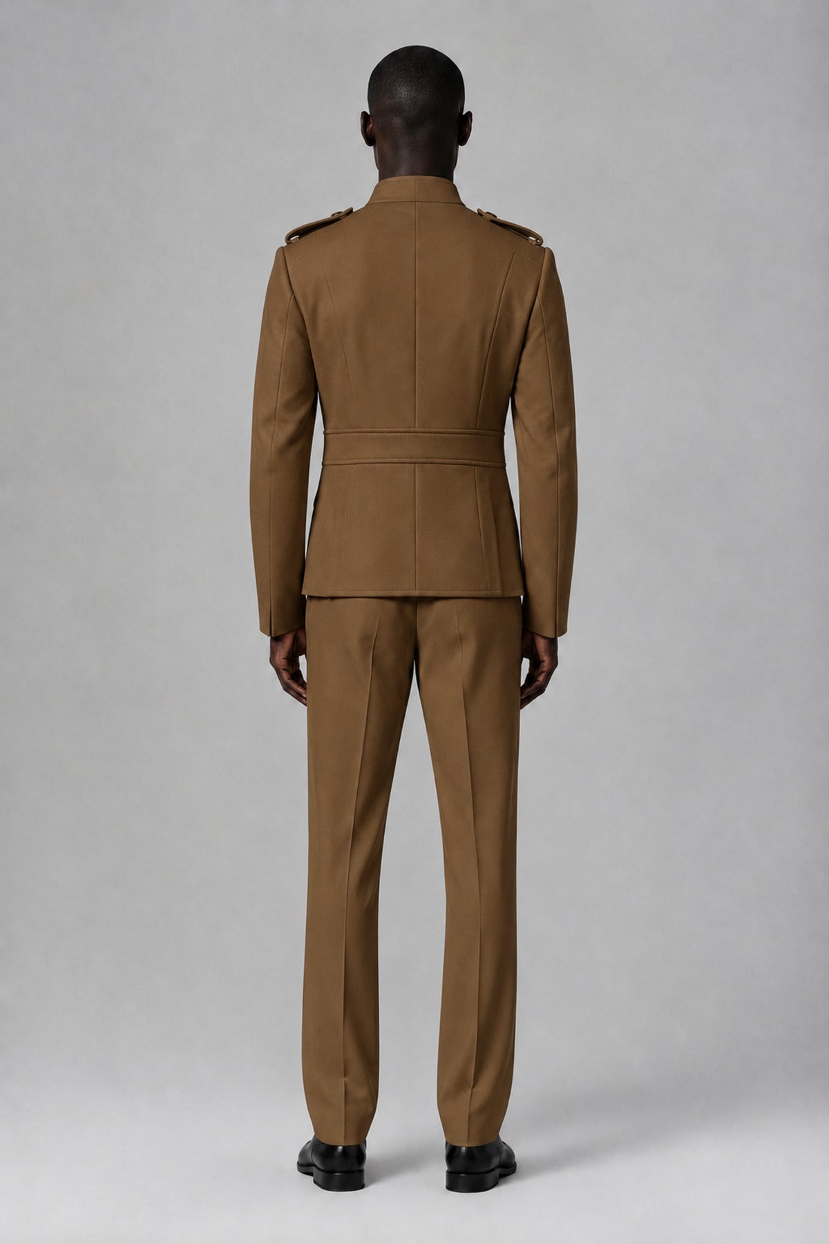 Bolodoo Men's Brown Military-Inspired Two-Piece Suit with Stand Collar - Brown - Brown_3