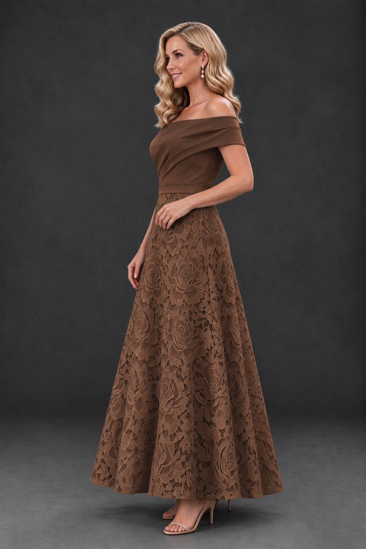 BOLODOO Brown Off-the-Shoulder Floral A-Line Mother of the Bride Dress - Brown - Brown_3