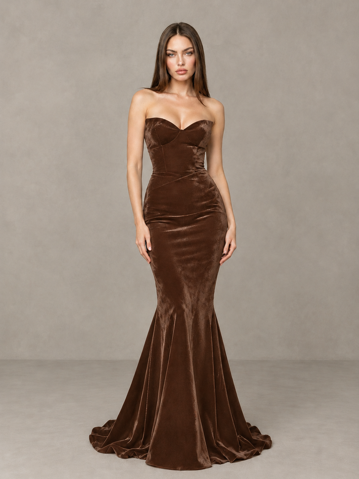 BOLODOO Brown Strapless Sweetheart Velvet-Look Mermaid Evening Dress - Brown - Brown_3