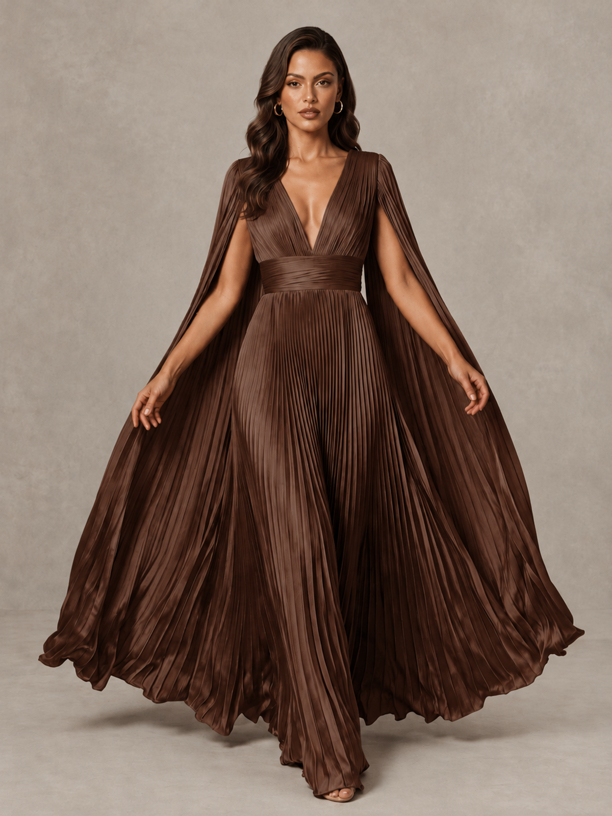 BOLODOO Brown Deep V-Neck Pleated Cape Sleeve Evening Gown - Brown - Brown_3