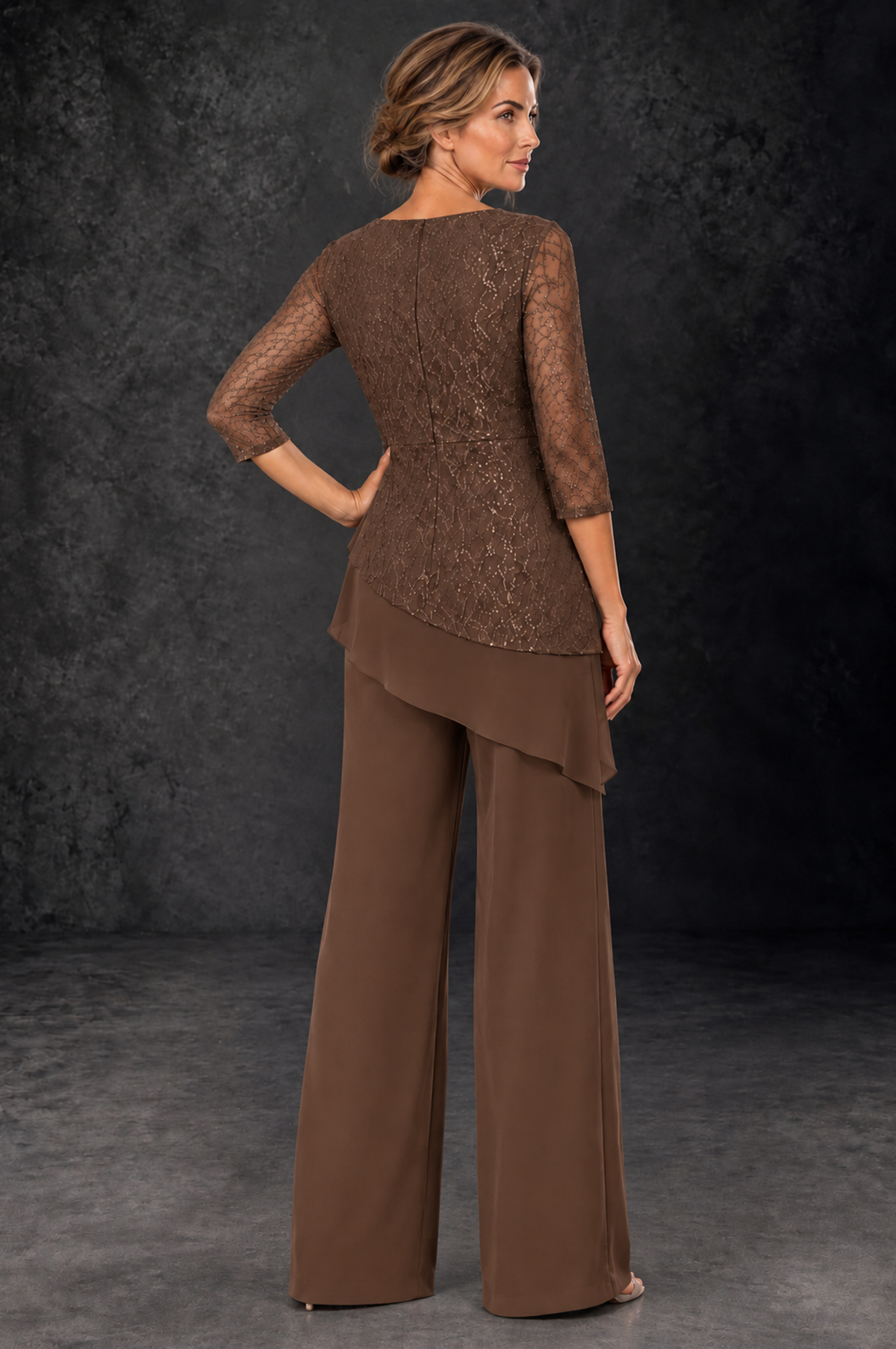 BOLODOO Brown Sequin Lace 3/4 Sleeve Chiffon Mother of the Bride Pant Suit - Brown - Brown_3
