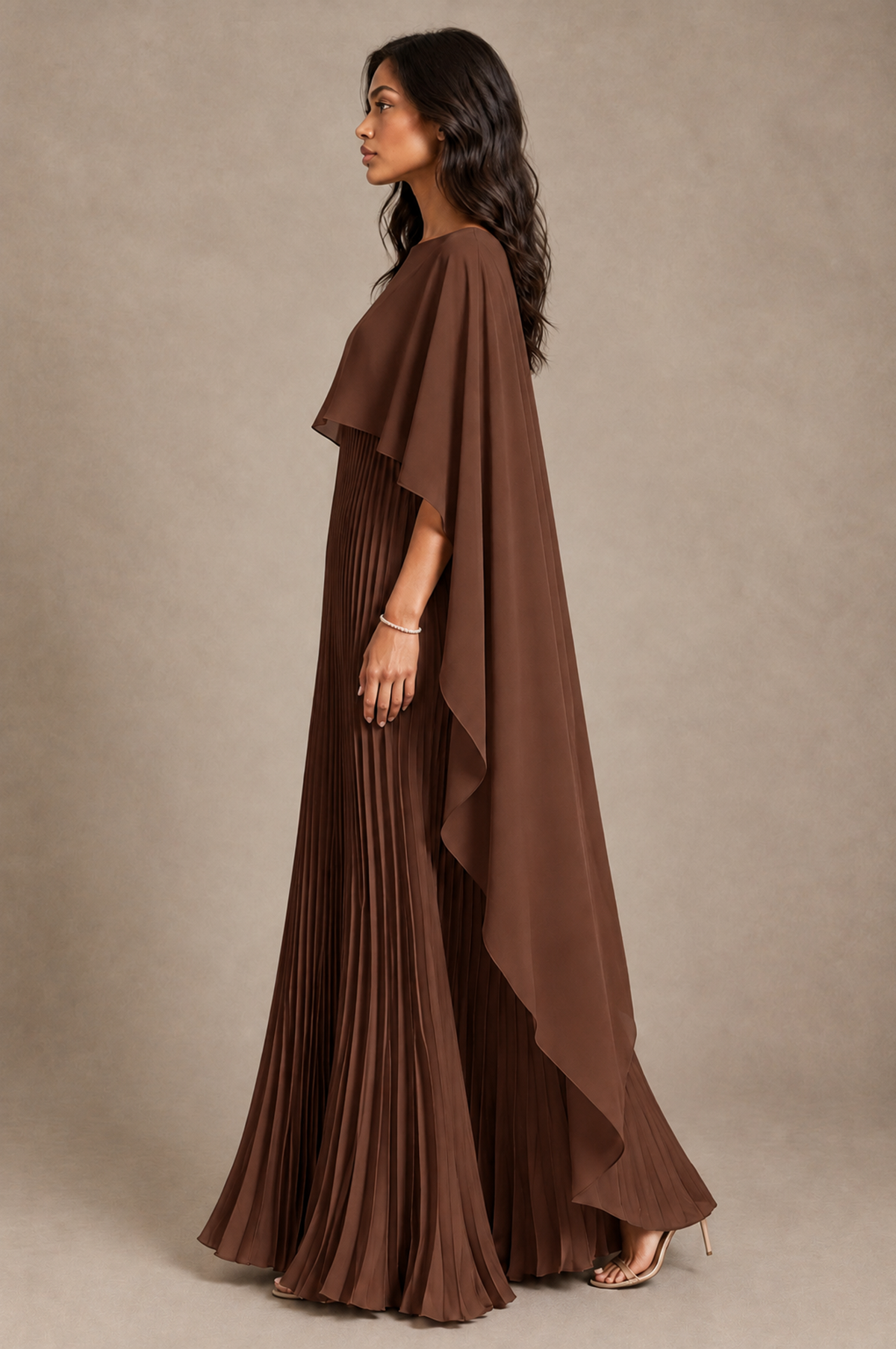 BOLODOO Brown Pleated Cape A-Line Evening Dress - Brown - Brown_3
