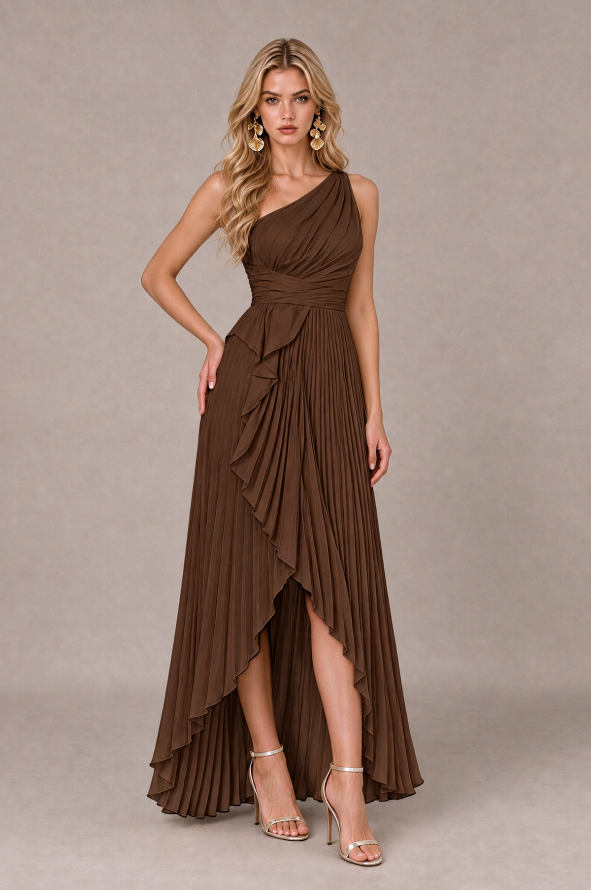 BOLODOO Brown One-Shoulder High-Low Ruffle Maxi Dress - Brown - Brown_3