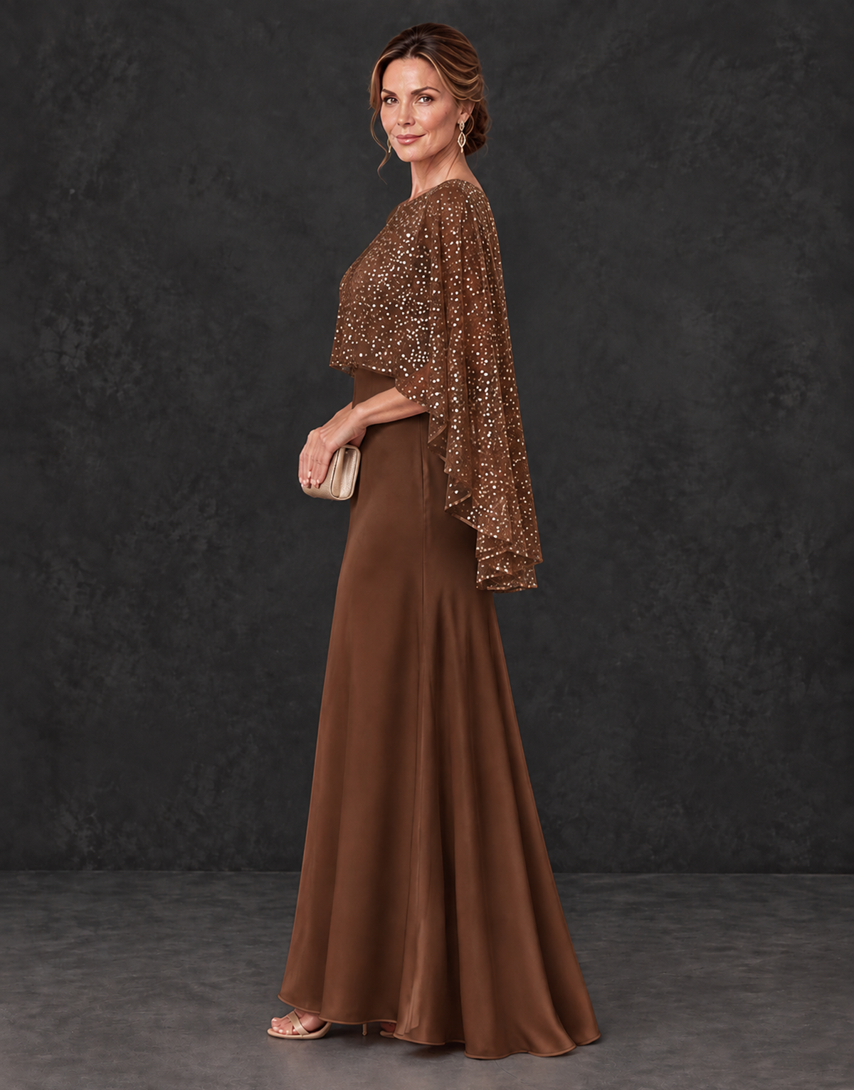 BOLODOO Brown Sparkle Cape Sleeve Mother of the Bride Dress - Brown - Brown_3