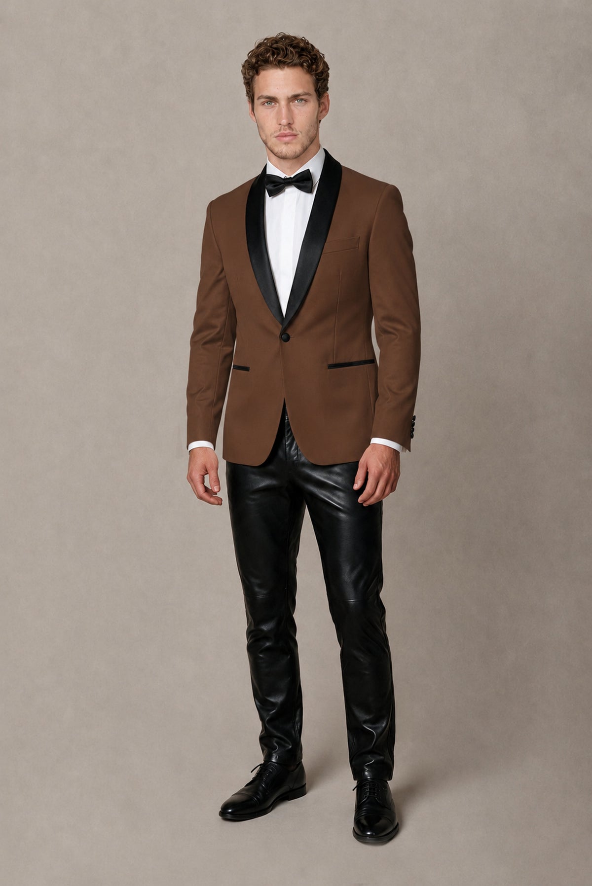 BOLODOO Men's Brown Tuxedo Blazer | Black Shawl Lapel Single-Breasted Formal Jacket - Brown
