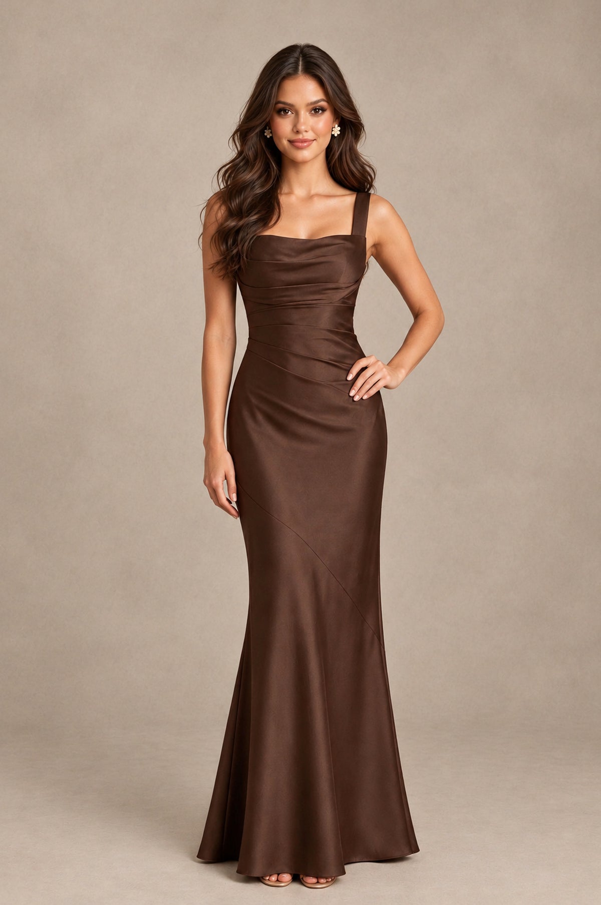 BOLODOO Brown Square Neck Ruched Satin Lace-Up Bridesmaid Dress - Brown - Brown_3