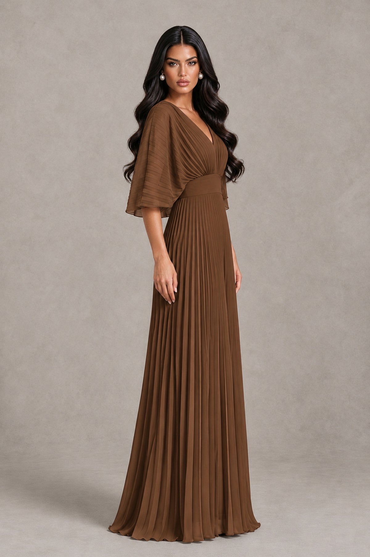 BOLODOO Brown V-Neck Pleated Flutter Sleeve Formal Dress - Brown - Brown_3