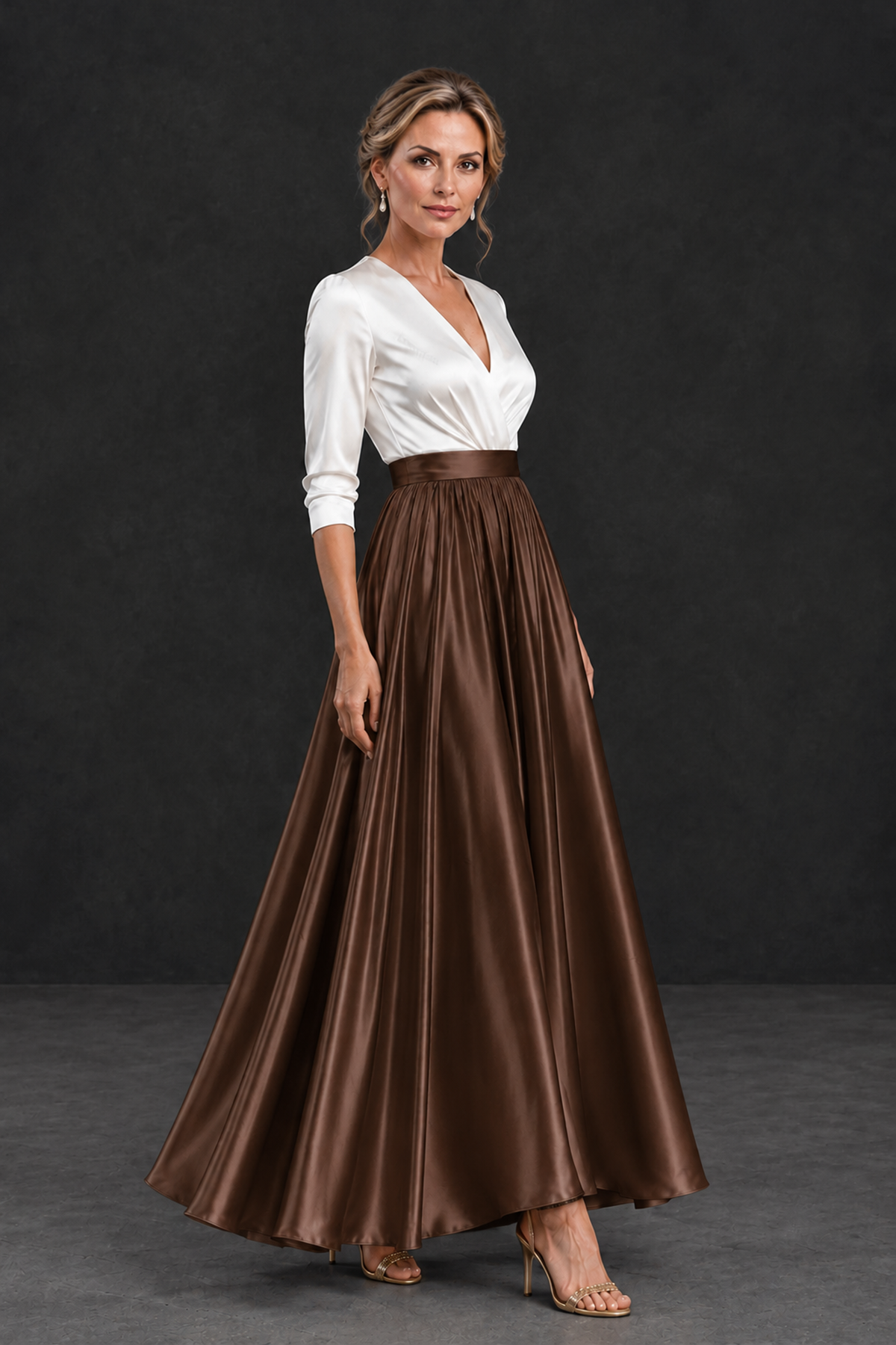 BOLODOO Brown and White V-Neck A-Line Mother of the Bride Dress - Brown - Brown_3