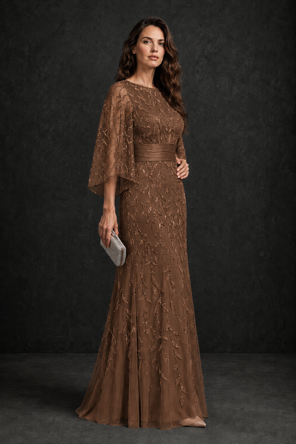 BOLODOO Brown Bateau Neck Bell Sleeve Sequin Embroidered Satin Waist A-Line Maxi Dress - Brown - Brown_3