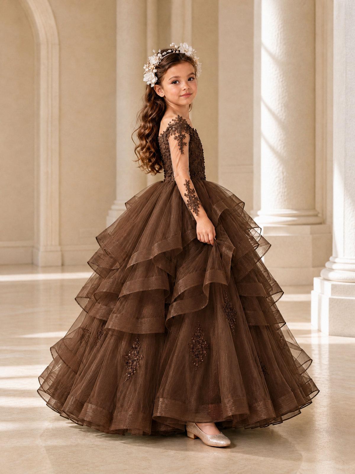 BOLODOO Brown Lace Long Sleeve Tiered Flower Girl Dress - Brown - Brown_3