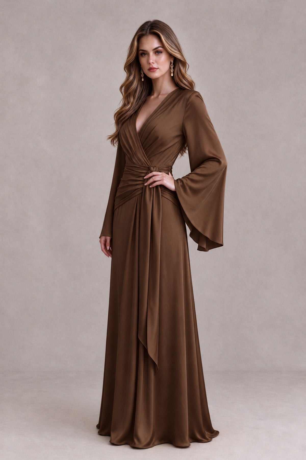 BOLODOO Brown Yellow Satin-Look V-Neck Long Bell Sleeve Evening Dress - Brown - Brown_3