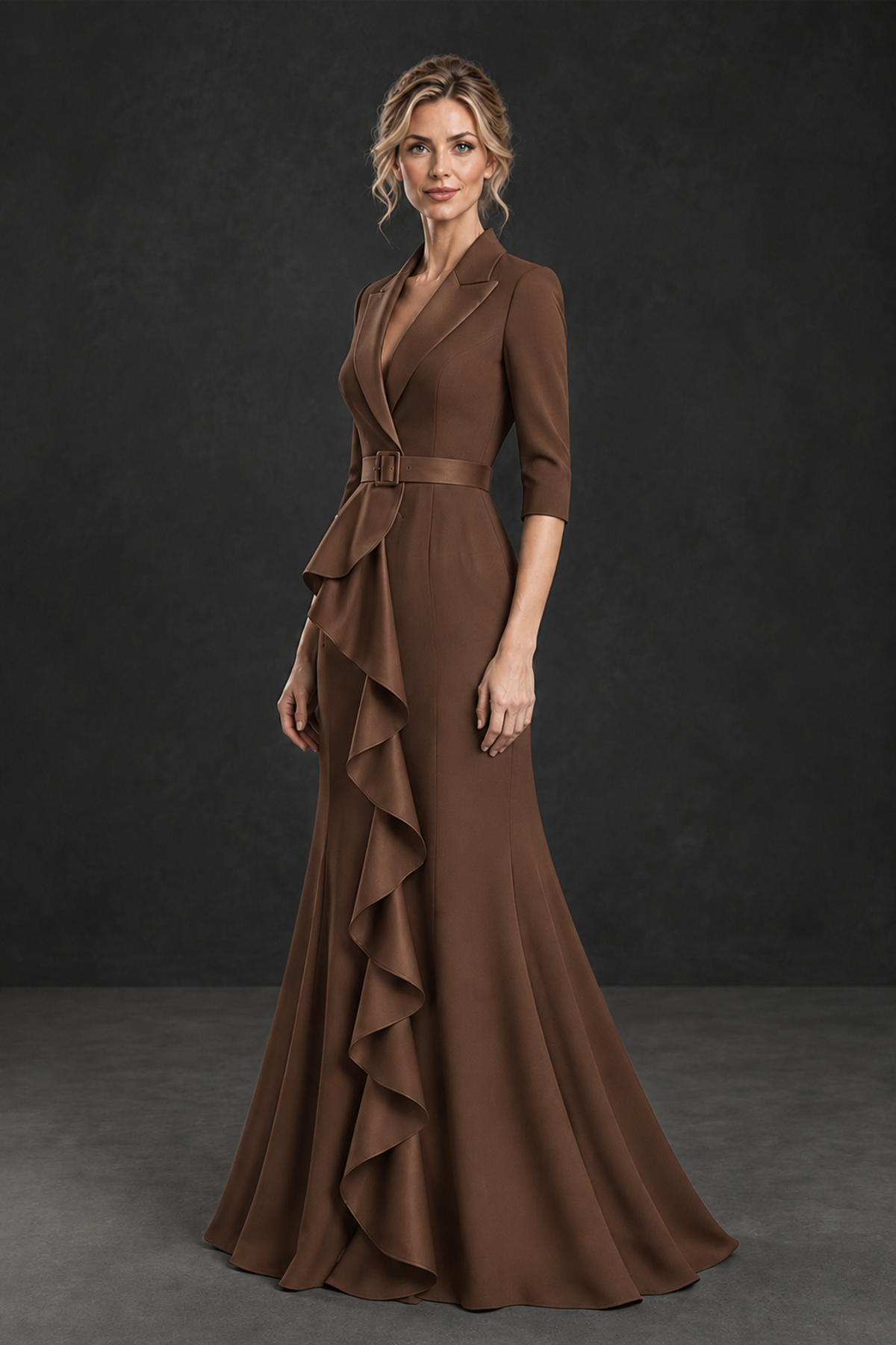 BOLODOO Brown Lapel Ruffle Mother of the Bride Dress with Belt - Brown - Brown_3