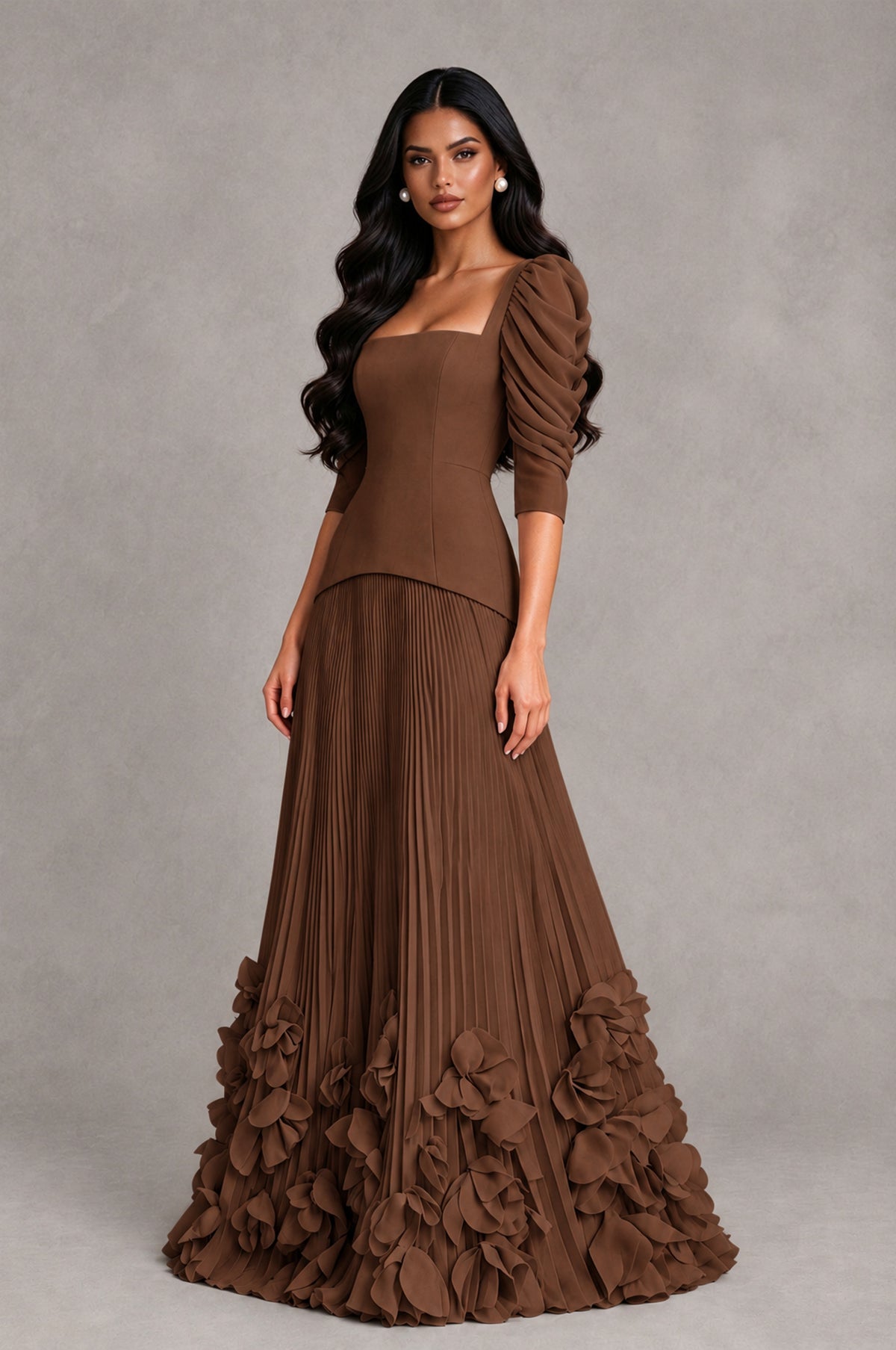 BOLODOO Brown Square Neck Pleated Floral Applique Evening Dress - Brown - Brown_3