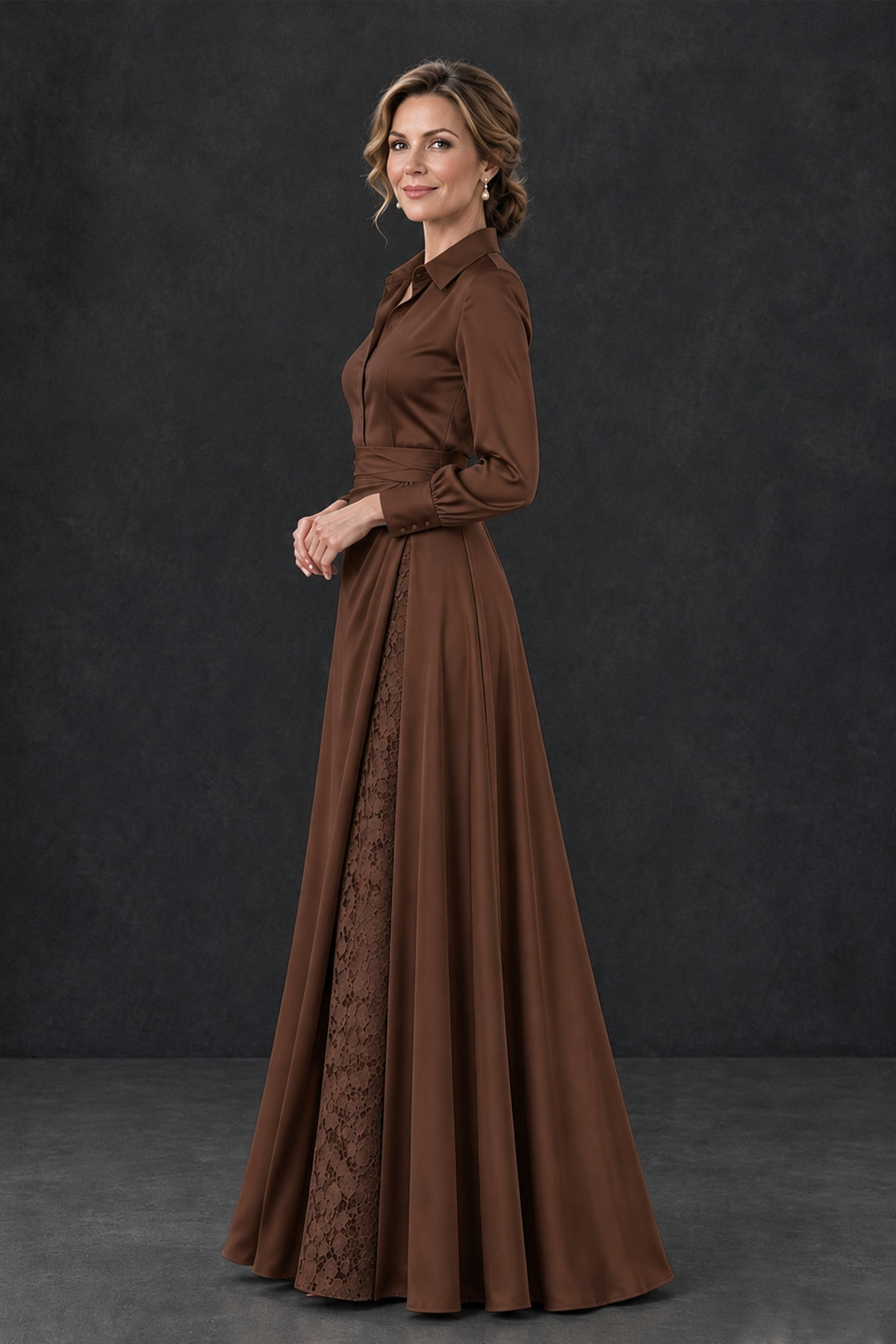 BOLODOO Brown Long Sleeve Satin-Look Lace Panel Gown - Brown - Brown_3
