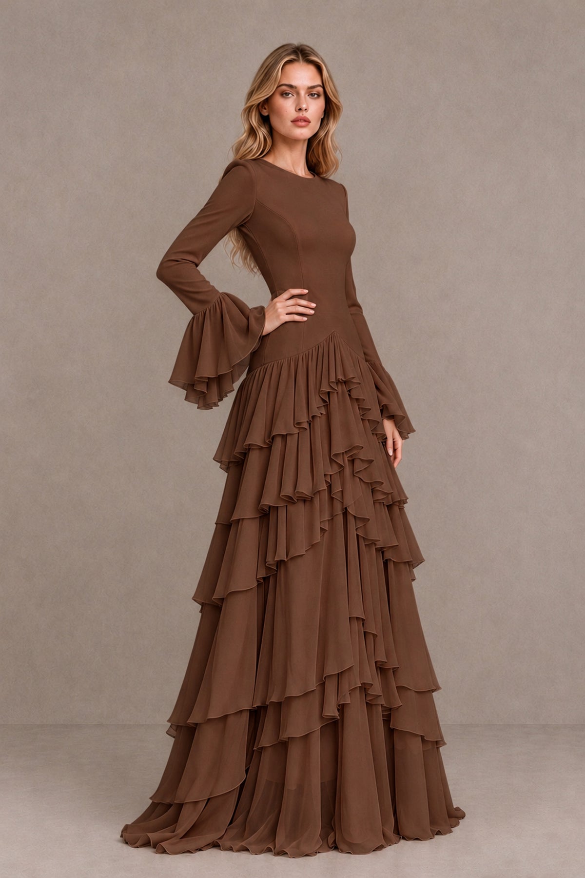 Brown Long Sleeve Tiered Ruffle Evening Gown - Brown - Brown_3