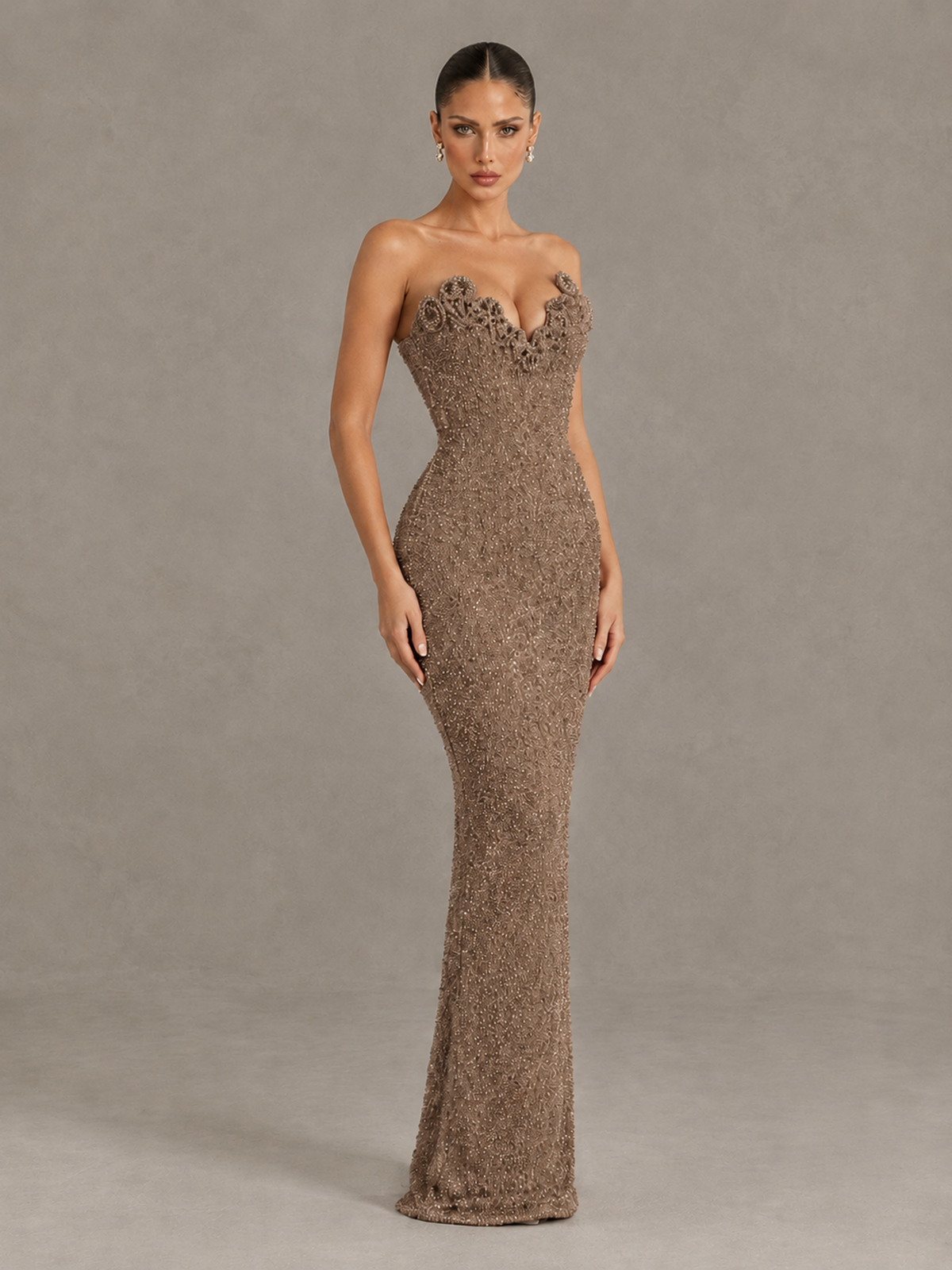 BOLODOO Brown Strapless Sequin Evening Gown with Floral Neckline - Brown - Brown_3