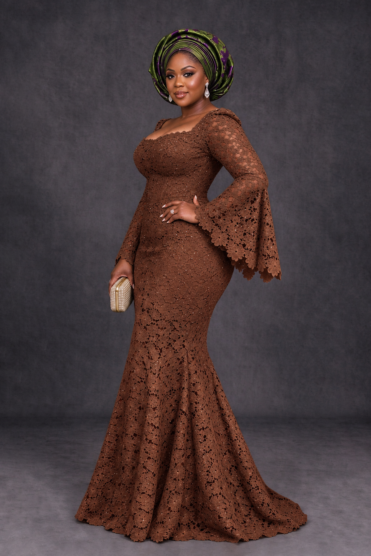 BOLODOO Brown African Lace Mermaid Dress, Plus Size Nigerian Wedding Guest Gown with Bell Sleeves - Brown - Brown_3