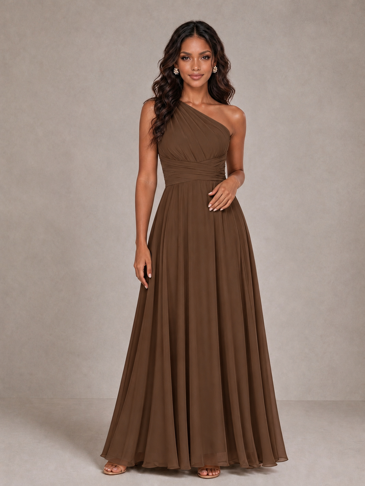 BOLODOO Brown One-Shoulder A-Line Bridesmaid Dress - Brown - Brown_3