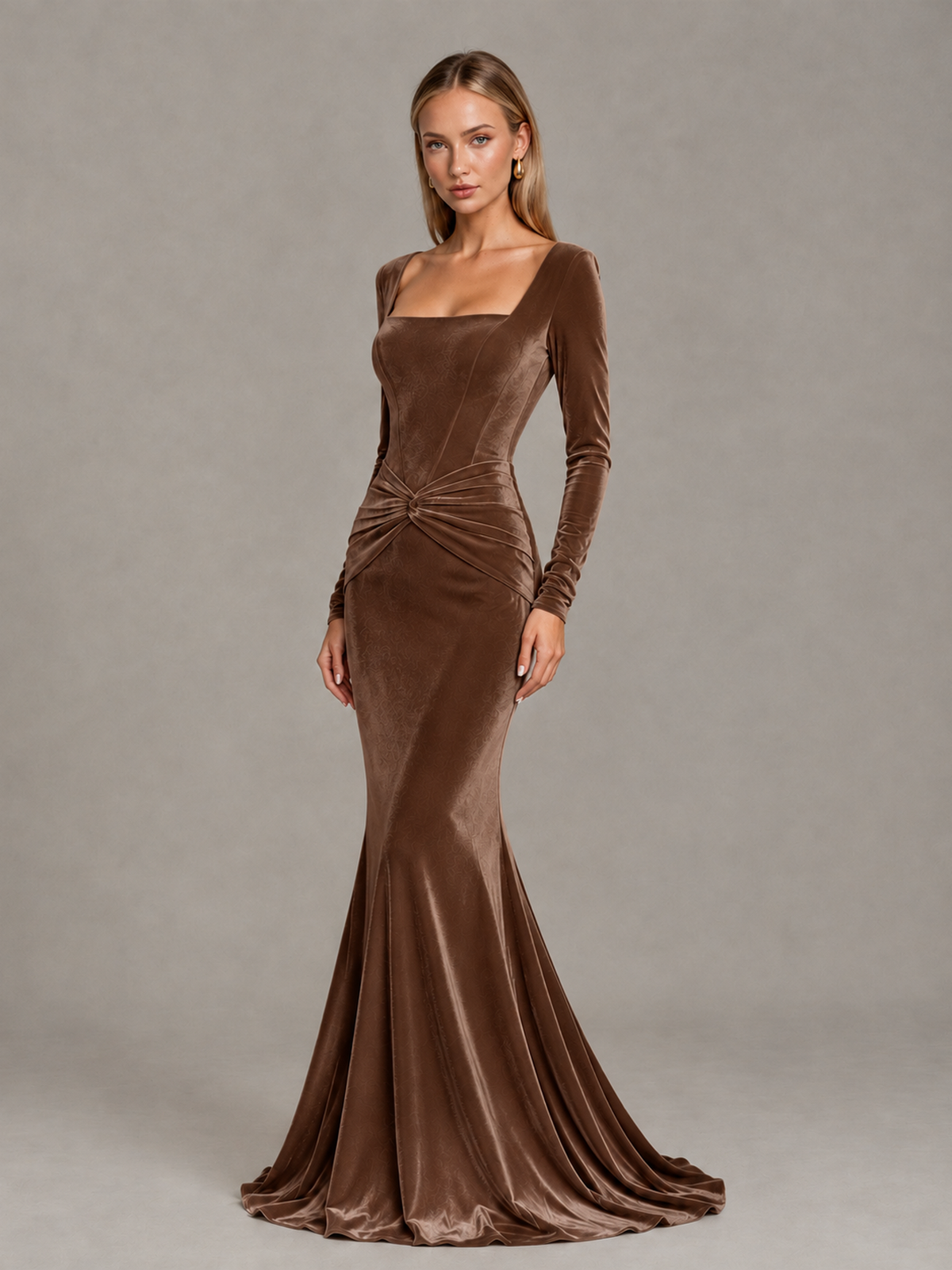 BOLODOO Brown Velvet-Look Square Neck Long Sleeve Mermaid Evening Dress - Brown - Brown_3