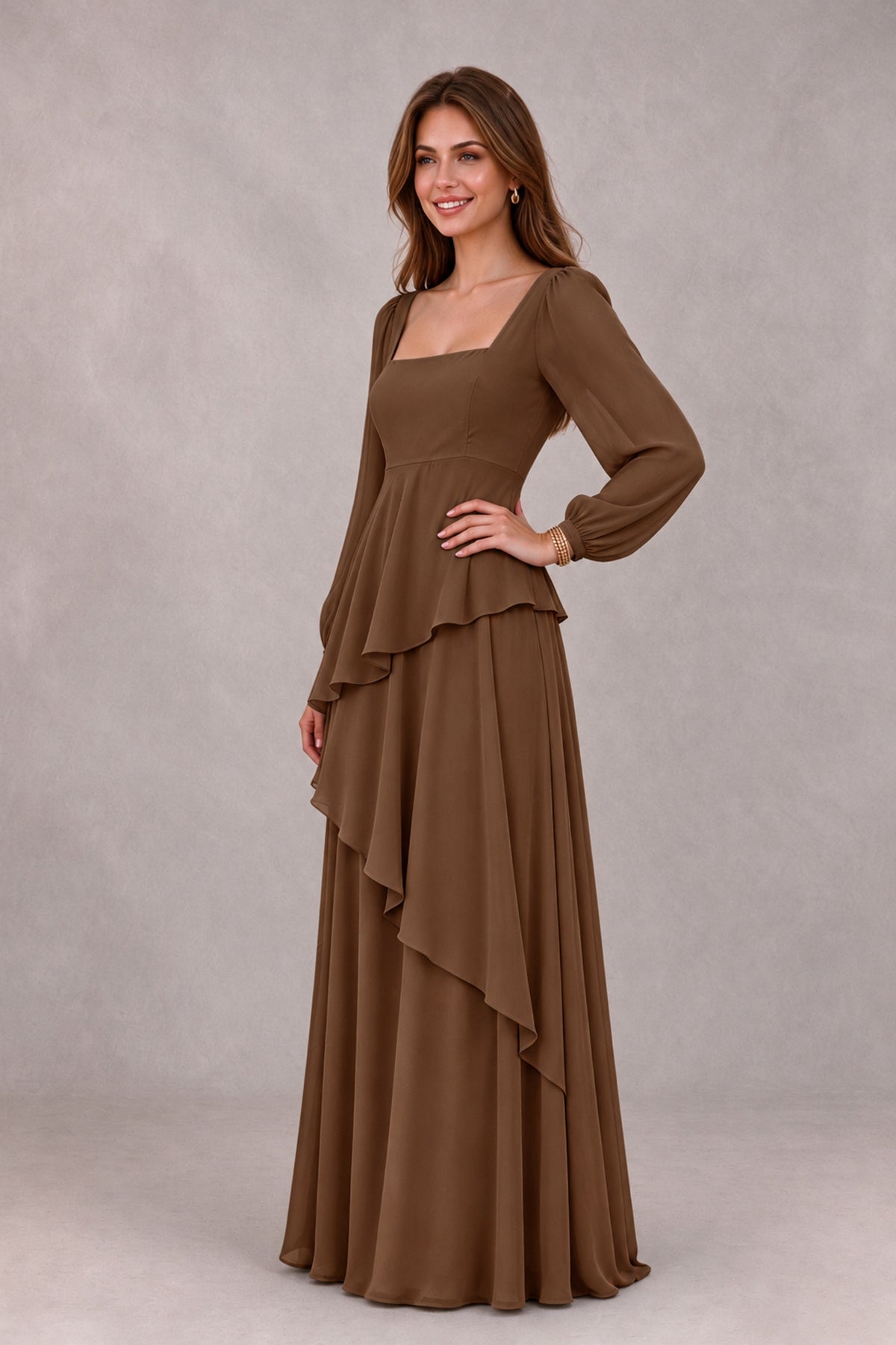 BOLODOO Brown Long Sleeve Ruffle Bridesmaid Dresses - Brown - Brown_3