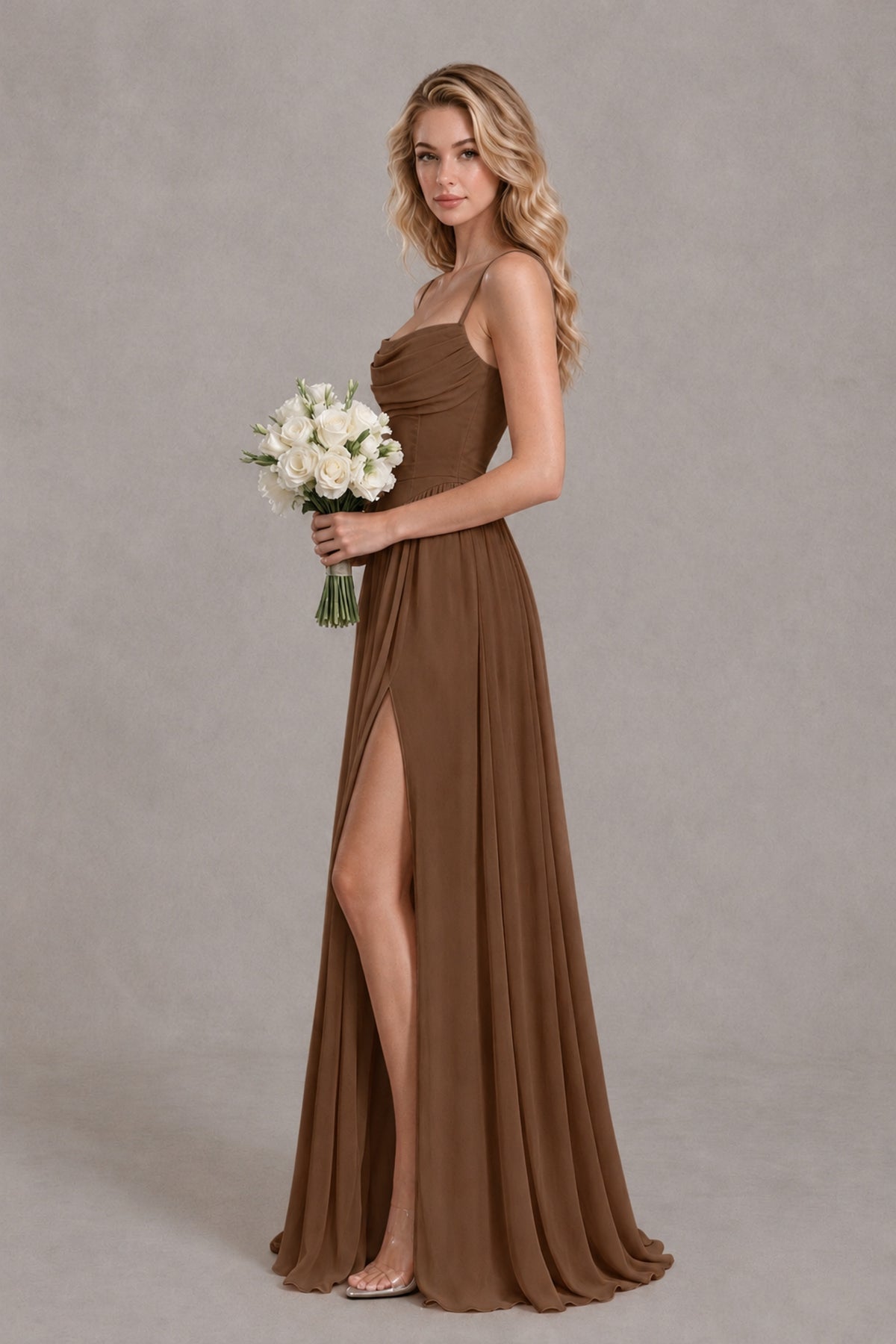 BOLODOO Brown Spaghetti Strap A-Line Bridesmaid Dress with Slit - Brown - Brown_3