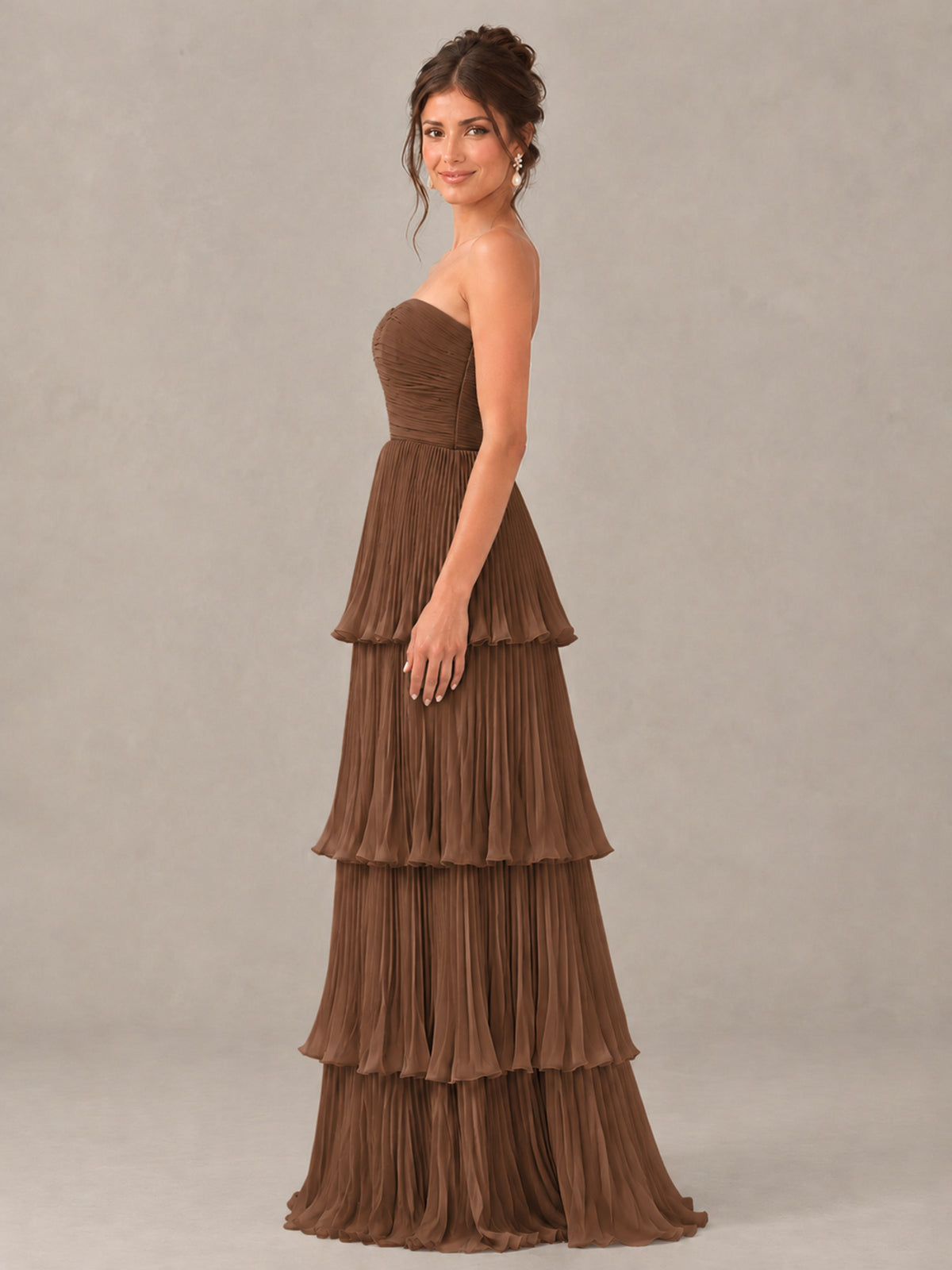 BOLODOO Brown Strapless Tiered Pleated Bridesmaid Dress - Brown - Brown_3