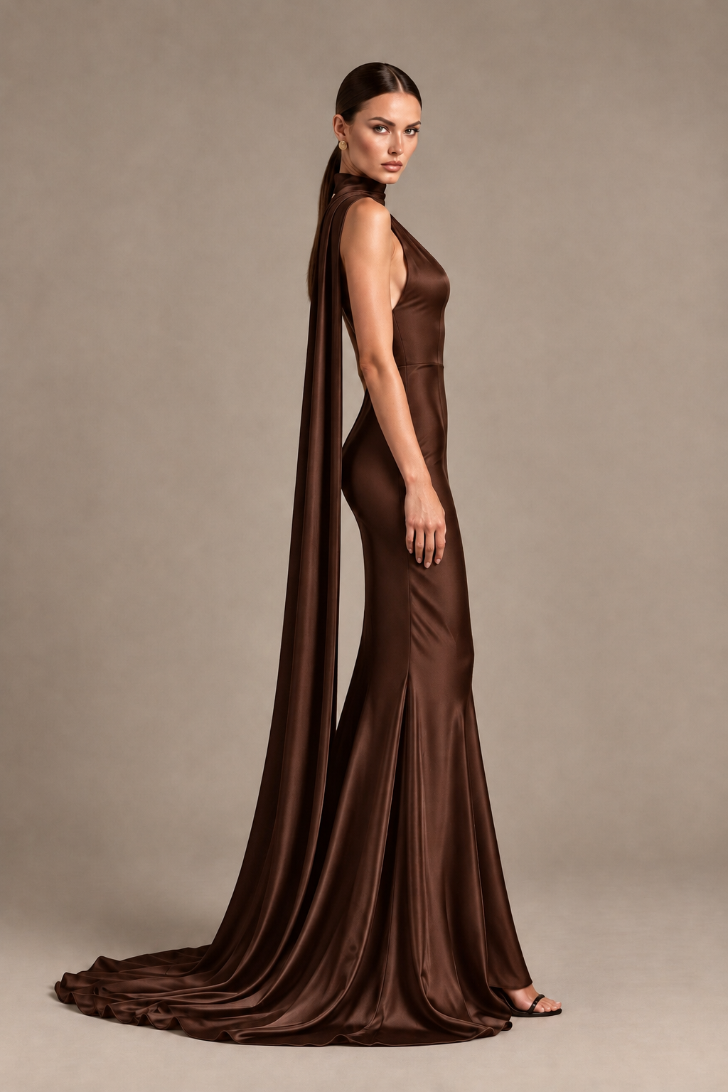 BOLODOO Brown One-Shoulder Satin Mermaid Evening Dress with Scarf - Brown - Brown_3