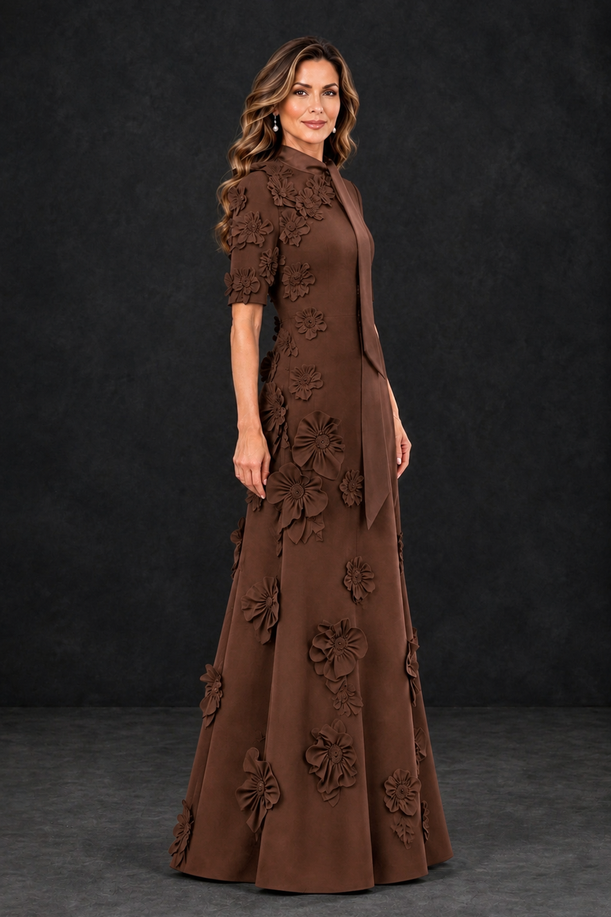 BOLODOO Brown Floral Applique High-Neck Half-Sleeve Gown - Brown - Brown_3