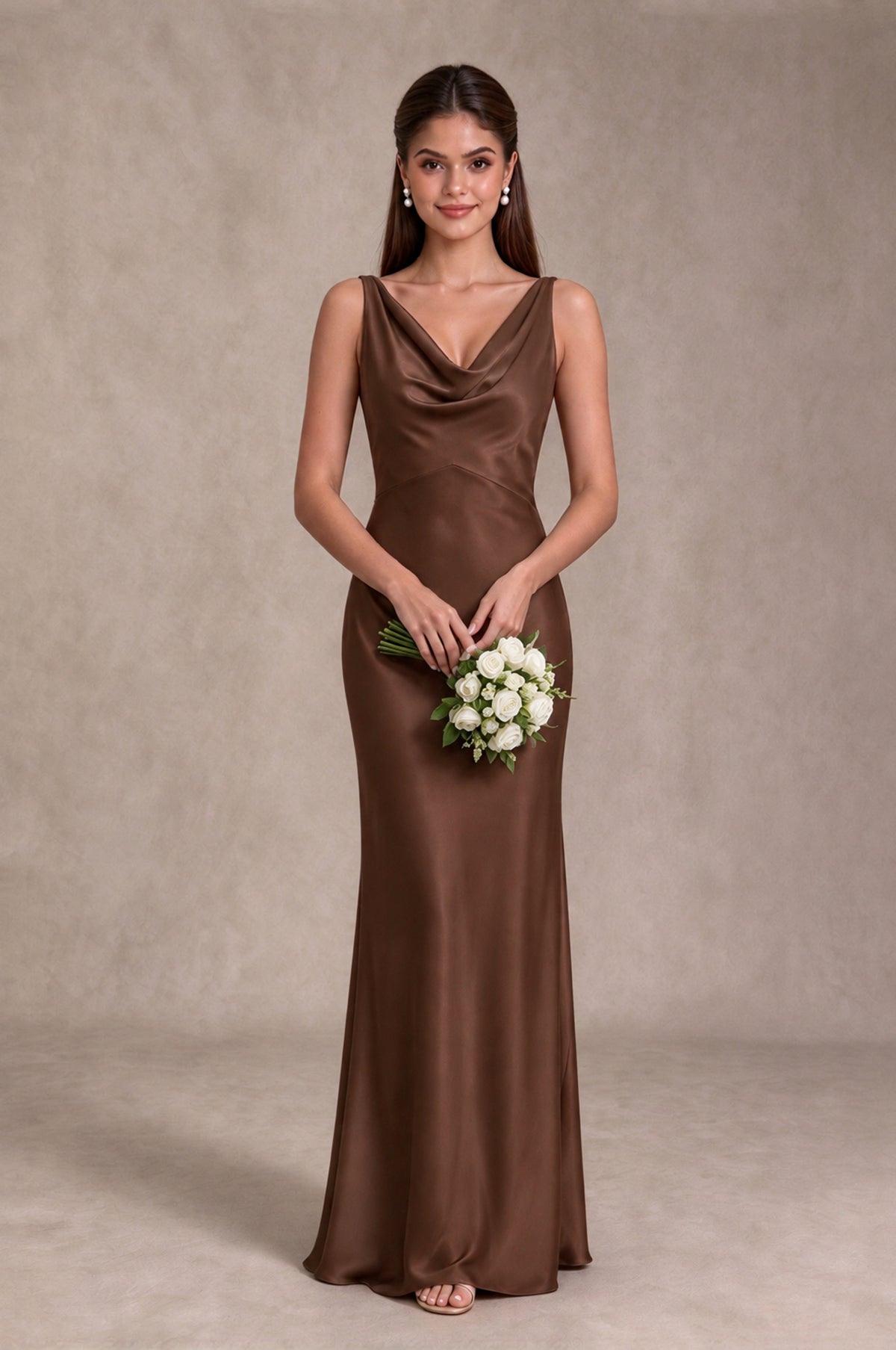 BOLODOO Brown Cowl Neck Open Back Satin Bridesmaid Dress - Brown - Brown_3