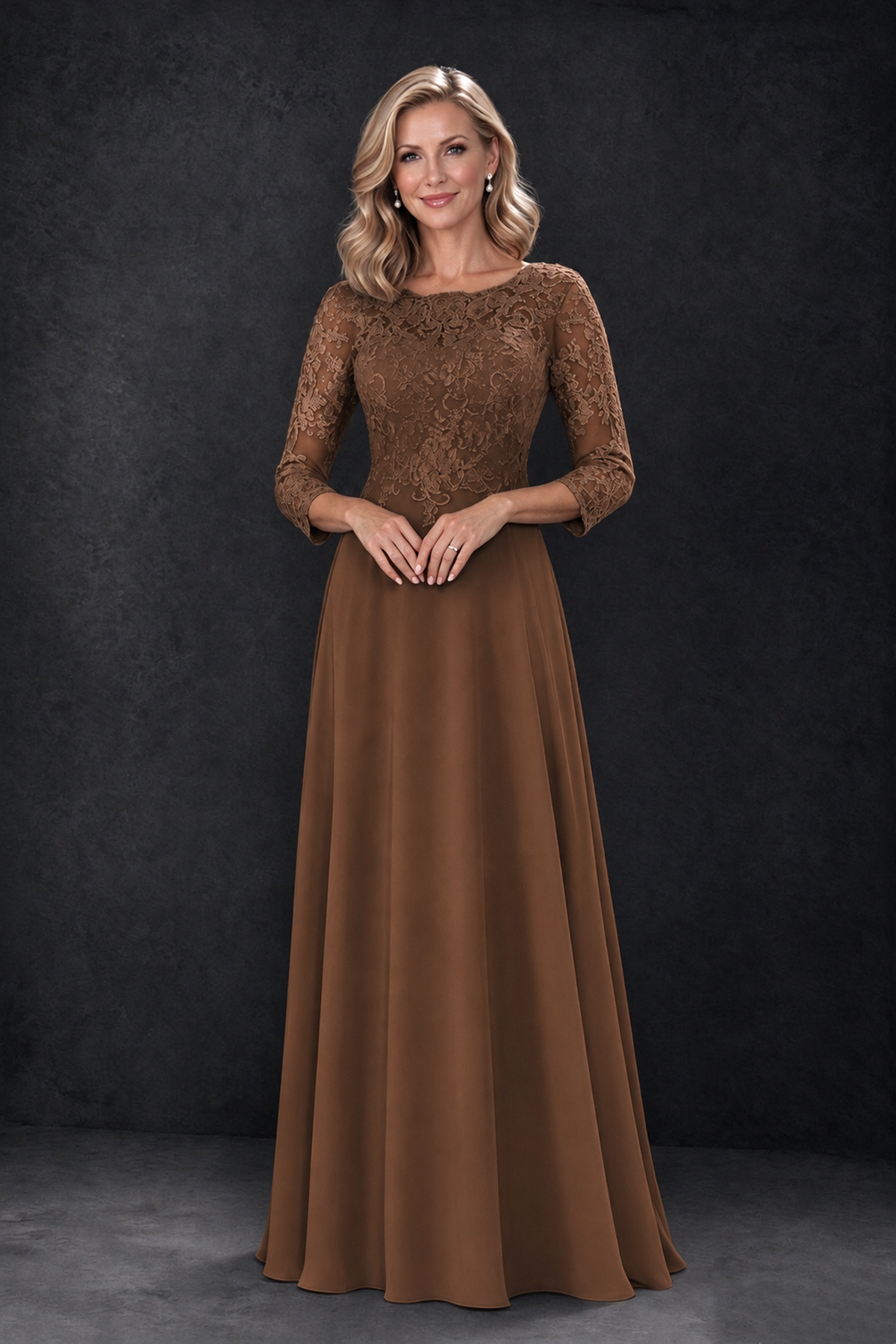 BOLODOO Brown Lace Embroidered Mother of the Bride Dress with 3/4 Sleeves - Brown - Brown_3