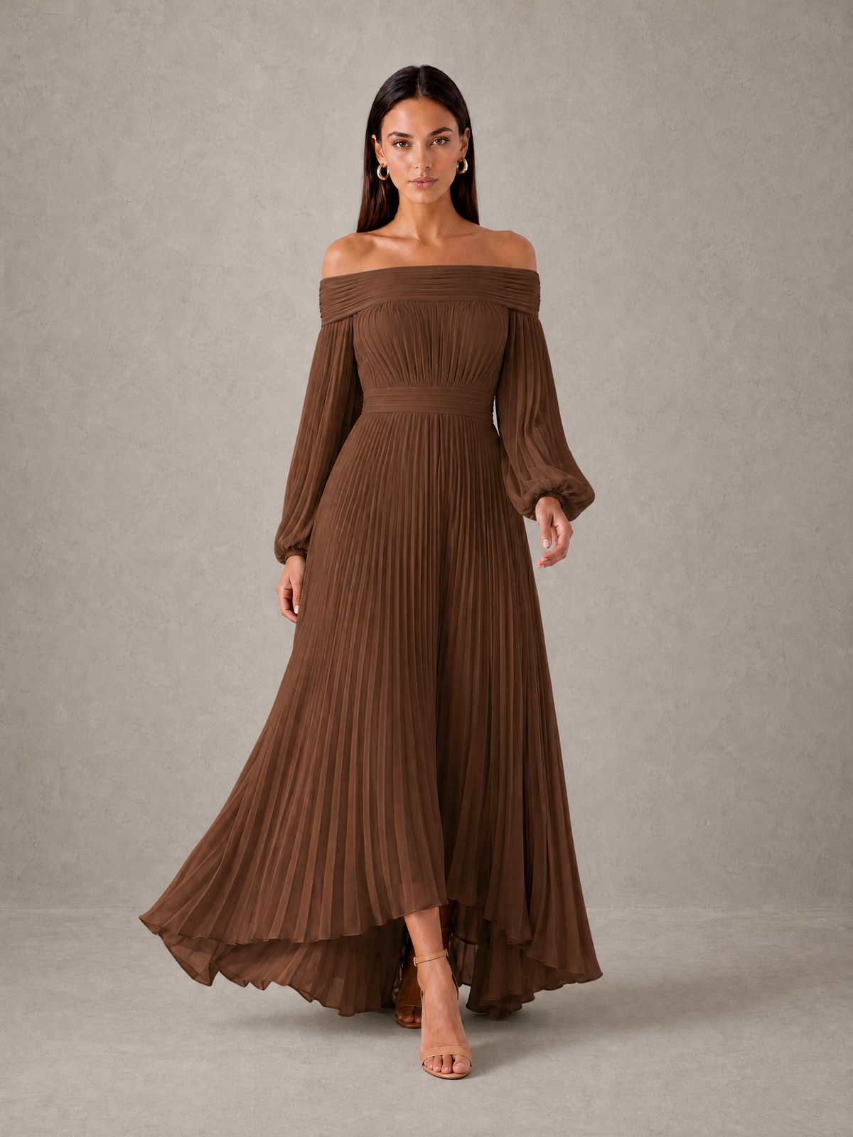 BOLODOO Brown Off-Shoulder Long Sleeve Pleated High-Low Dress - Brown - Brown_3