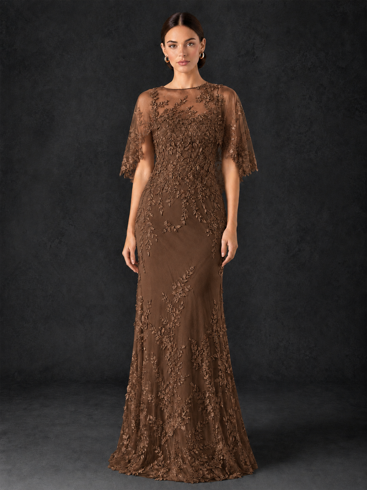 BOLODOO Brown Botanical Lace Flutter Sleeve Mermaid Gown - Brown - Brown_3