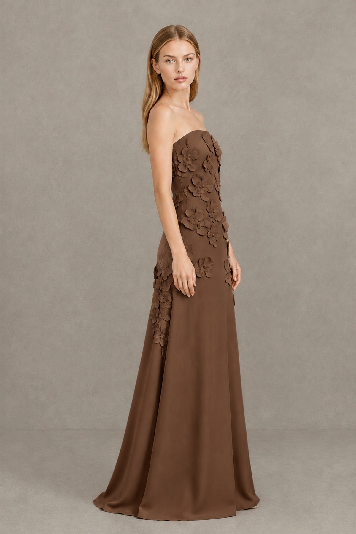 BOLODOO Brown Strapless 3D Floral Appliqué Crepe Maxi Gown - Brown - Brown_3