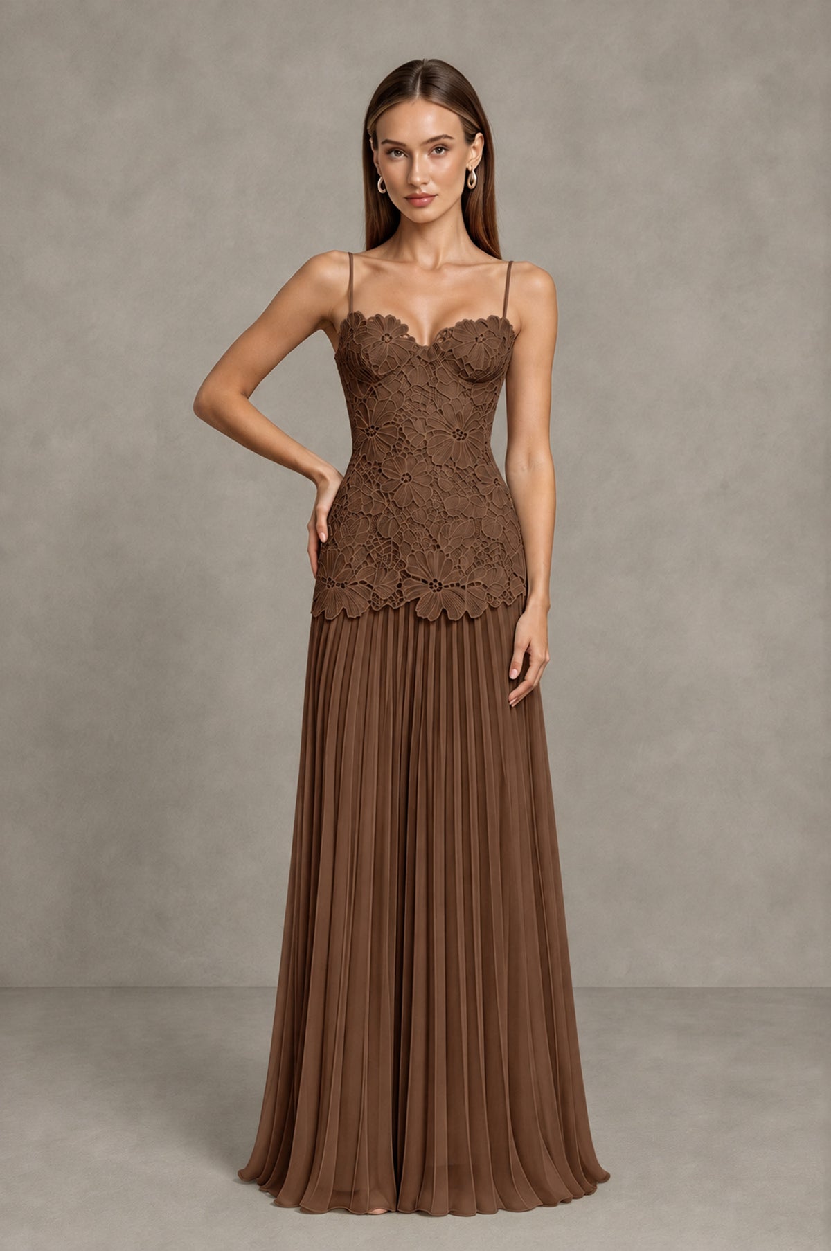 BOLODOO Brown Lace Bodice Pleated Wedding Guest Dress - Brown - Brown_3