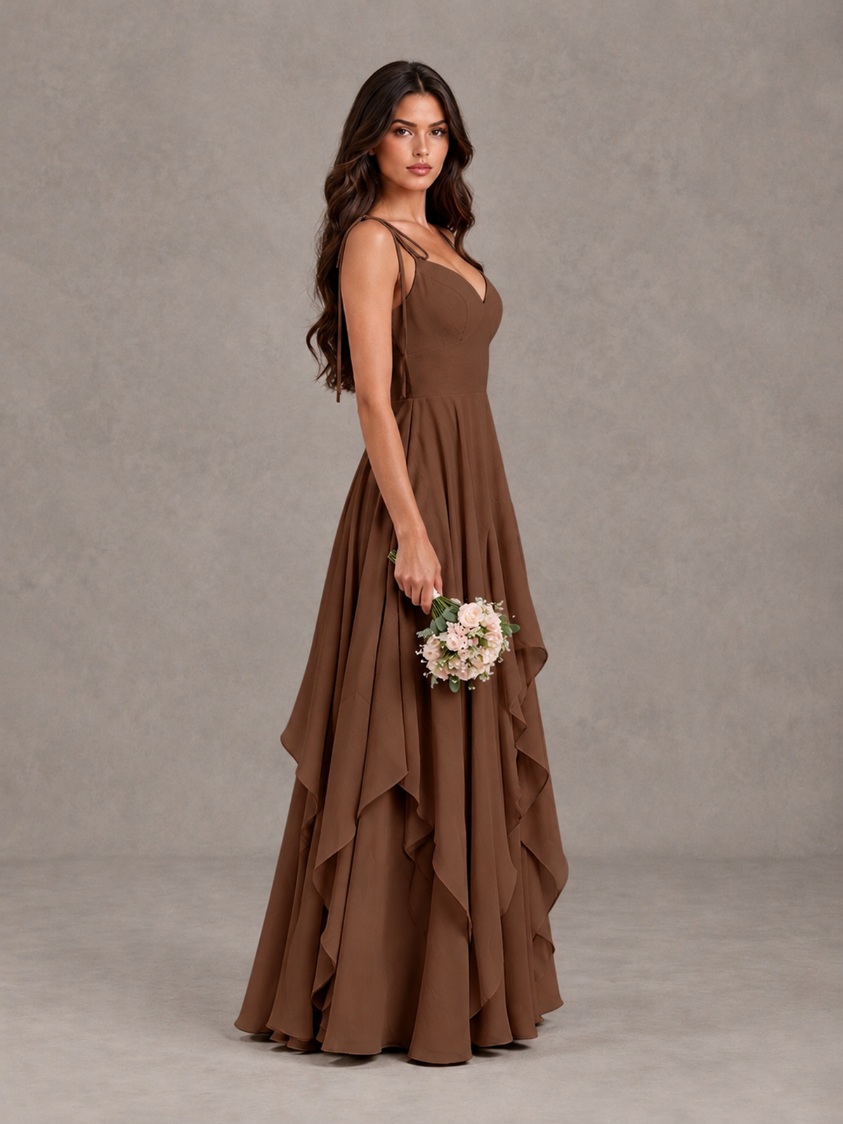 BOLODOO Brown Tie-Strap Ruffle A-Line Bridesmaid Dress - Brown - Brown_3