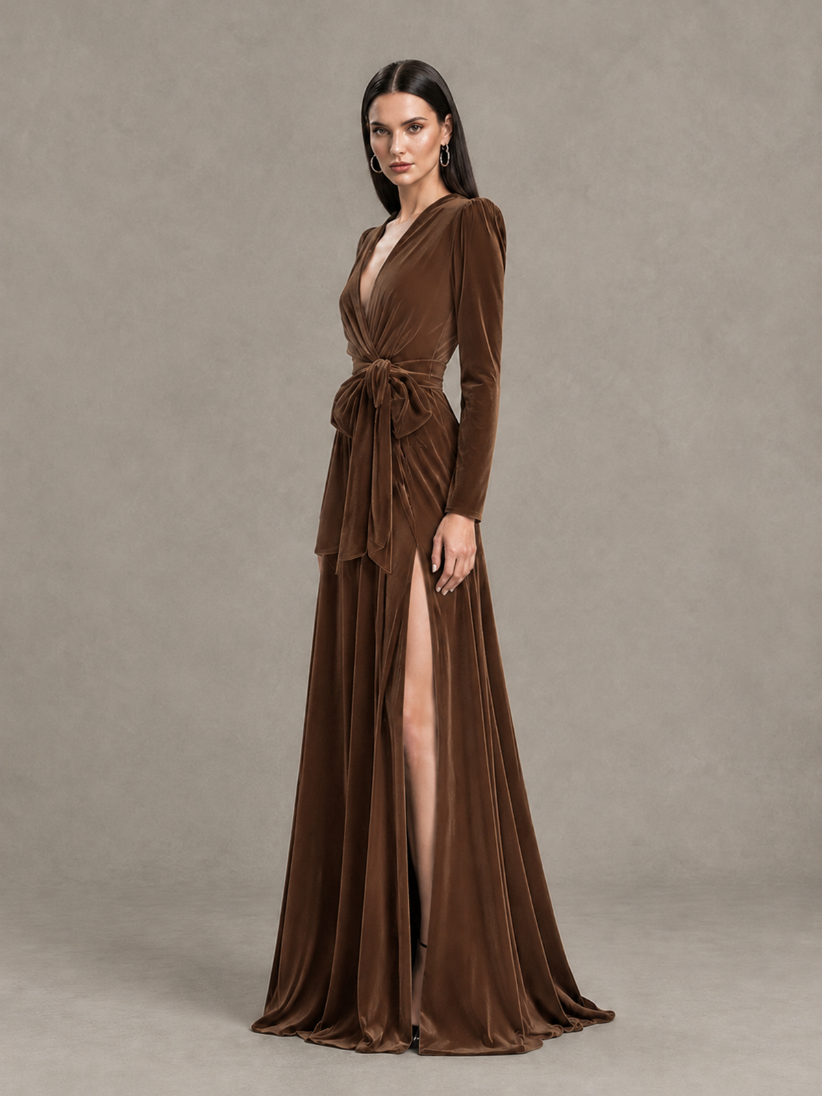 BOLODOO Brown Long Sleeve Velvet-Look Evening Dress with High Slit - Brown - Brown_3