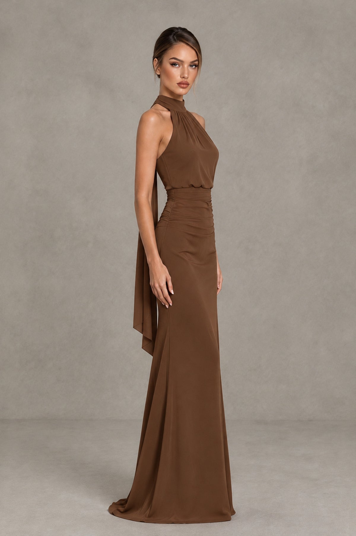 BOLODOO Brown Chiffon Halter Maxi Formal Wedding Guest Dress - Brown - Brown_3