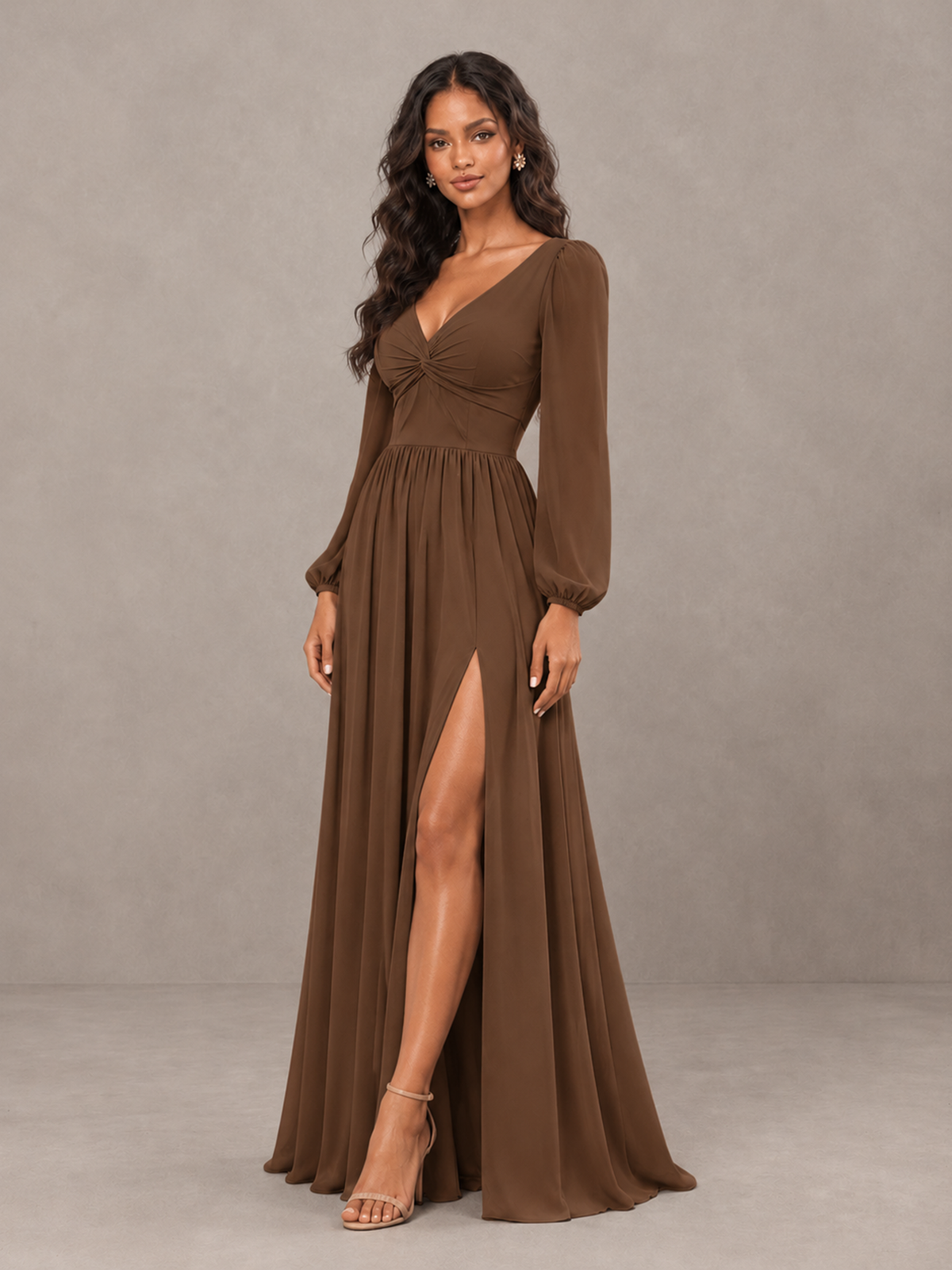 BOLODOO Brown V-Neck Long Sleeve Bridesmaid Dress with Tie Back and Slit - Brown - Brown_3