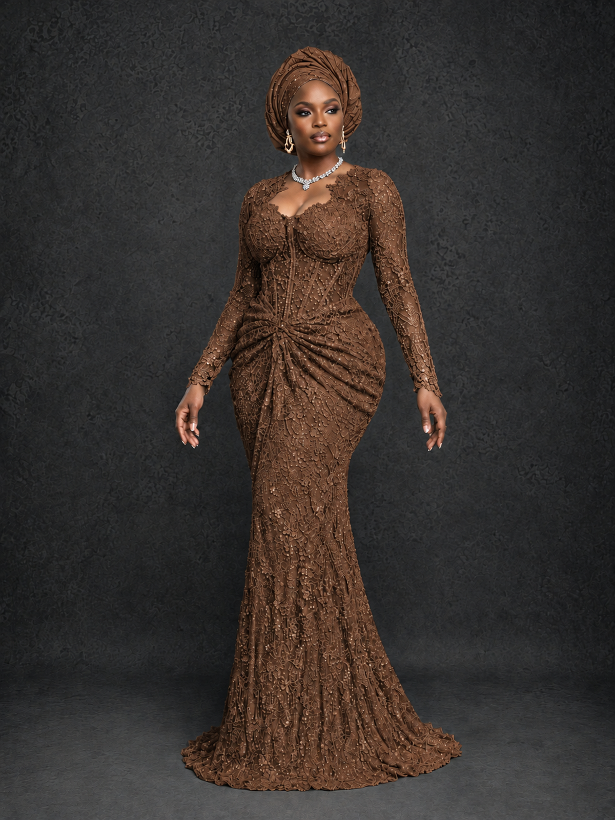 BOLODOO Brown Beaded Lace Long Sleeve Mermaid Gown Sweetheart | Mother of the Bride - Brown - Brown_3