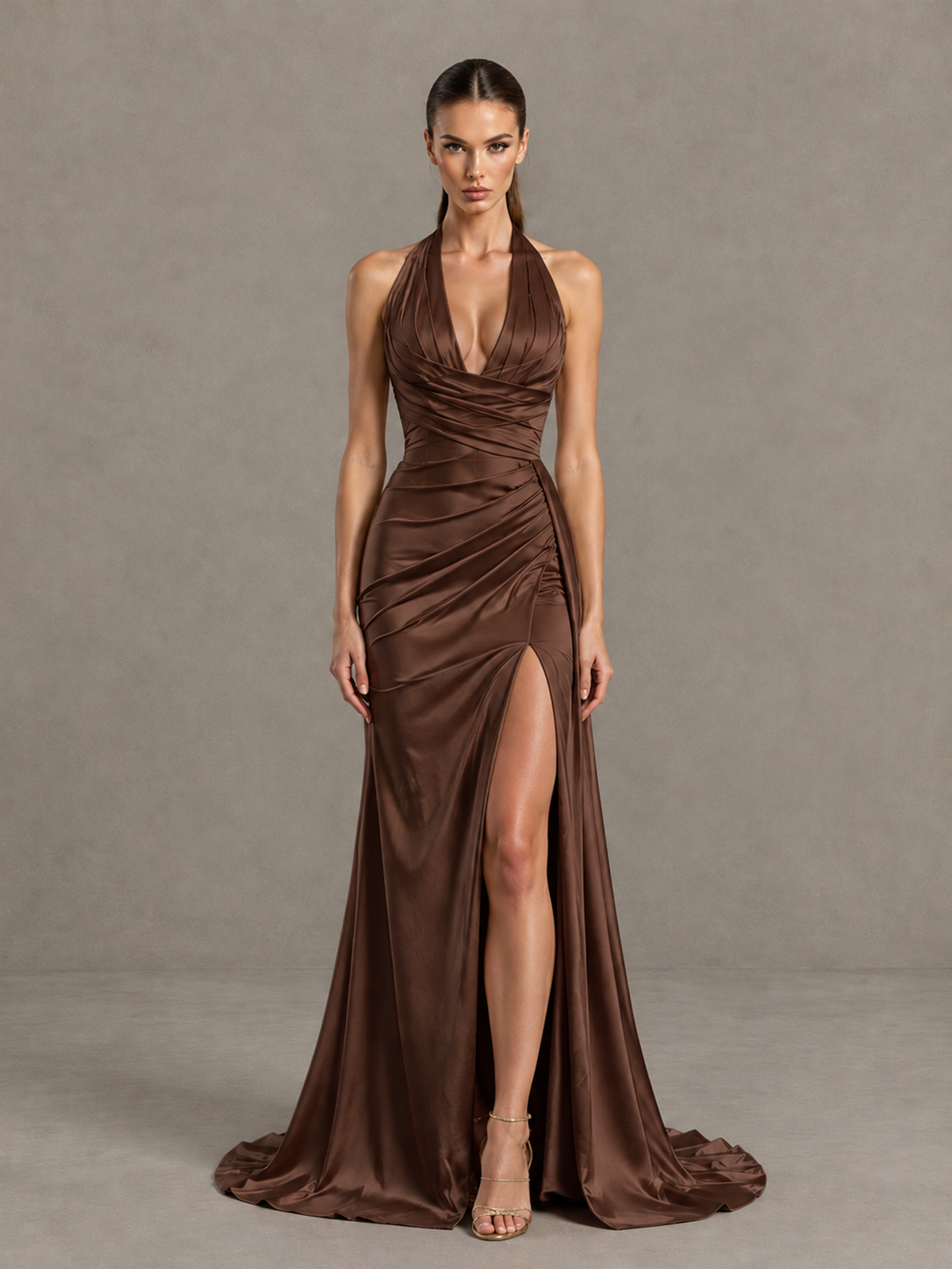 BOLODOO Brown Halter Satin Evening & Prom Dress with High Slit - Brown - Brown_3