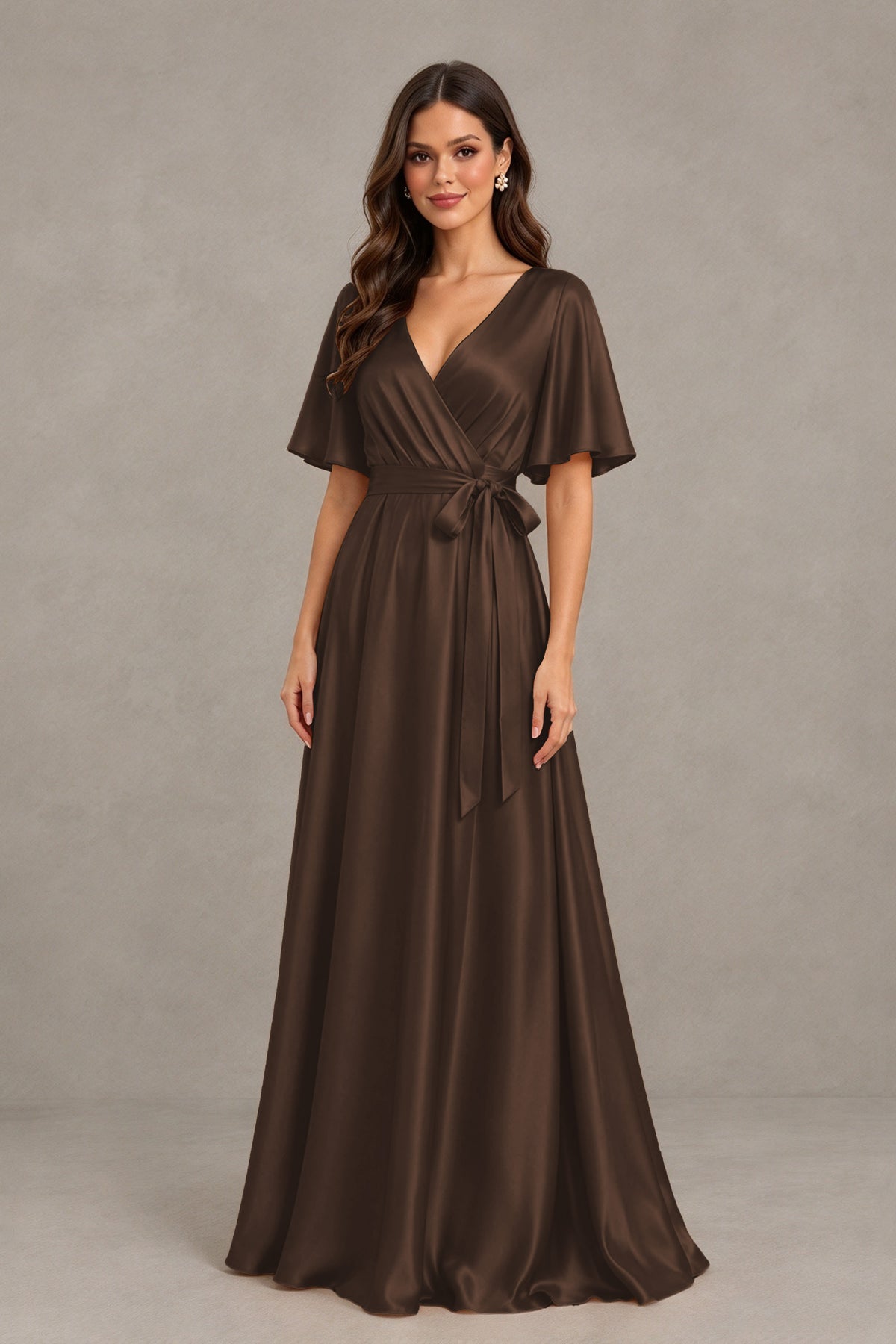 BOLODOO Brown Satin V-Neck Flutter Sleeve Bridesmaid Dress with Slit - Brown - Brown(3)