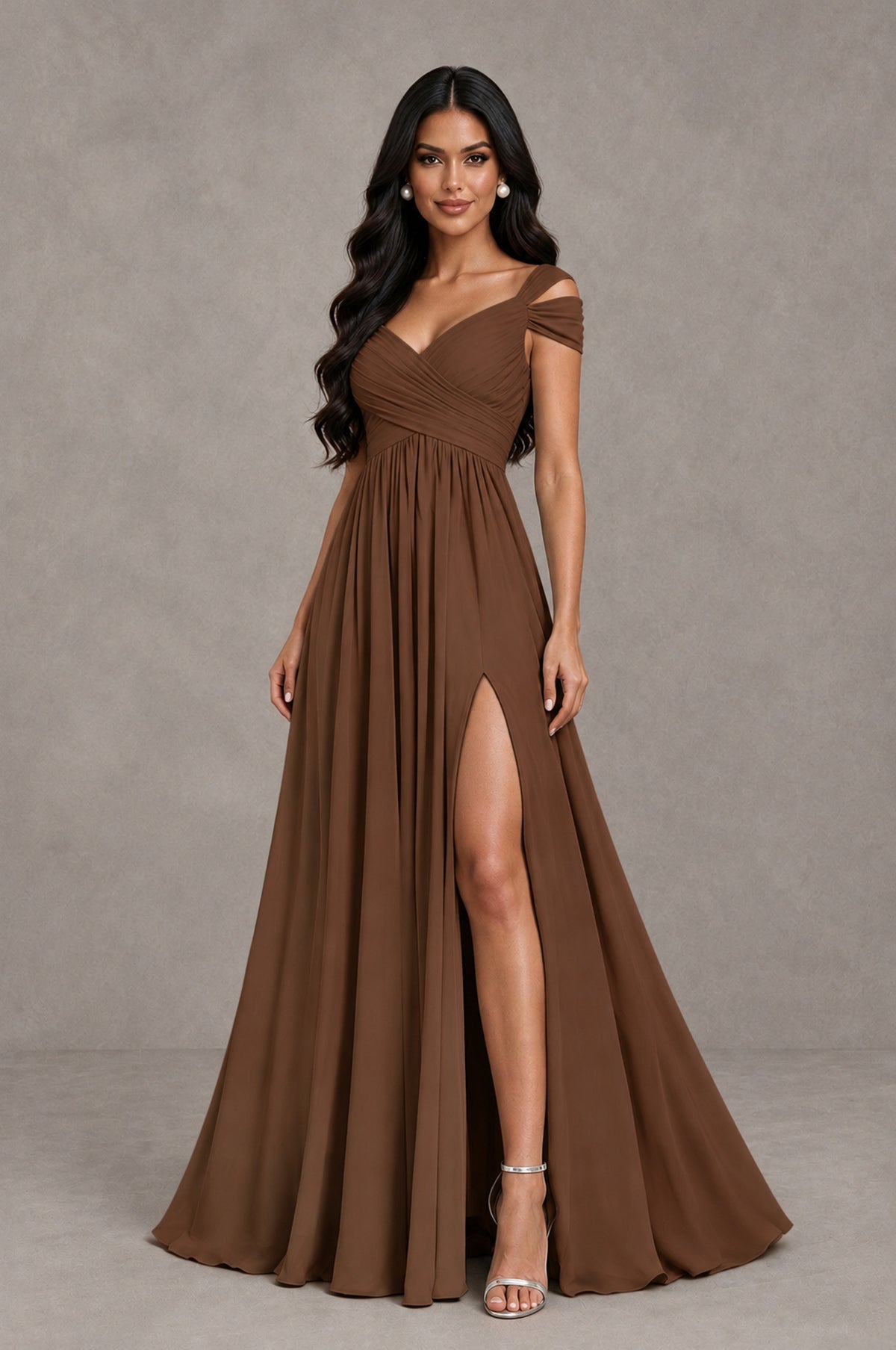 BOLODOO Brown Cold Shoulder Chiffon Evening Dress with V Neck and High Slit - Brown - Brown_3