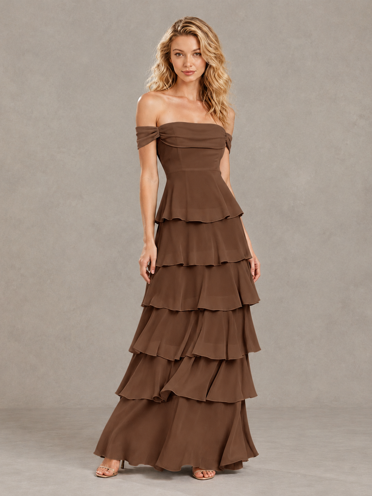 BOLODOO Brown Off-Shoulder Tiered Ruffle Bridesmaid Dress with Lace-Up Back - Brown - Brown_3