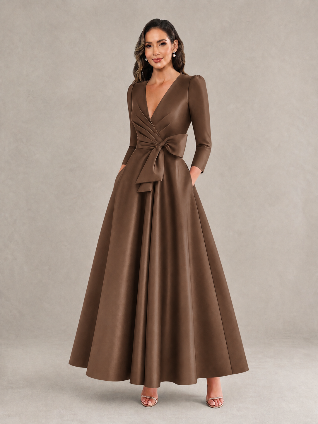 BOLODOO Brown Satin Deep V-Neck Wrap 3/4 Puff Sleeve A-Line Ball Gown Maxi Dress with Oversized Bow Belt - Brown