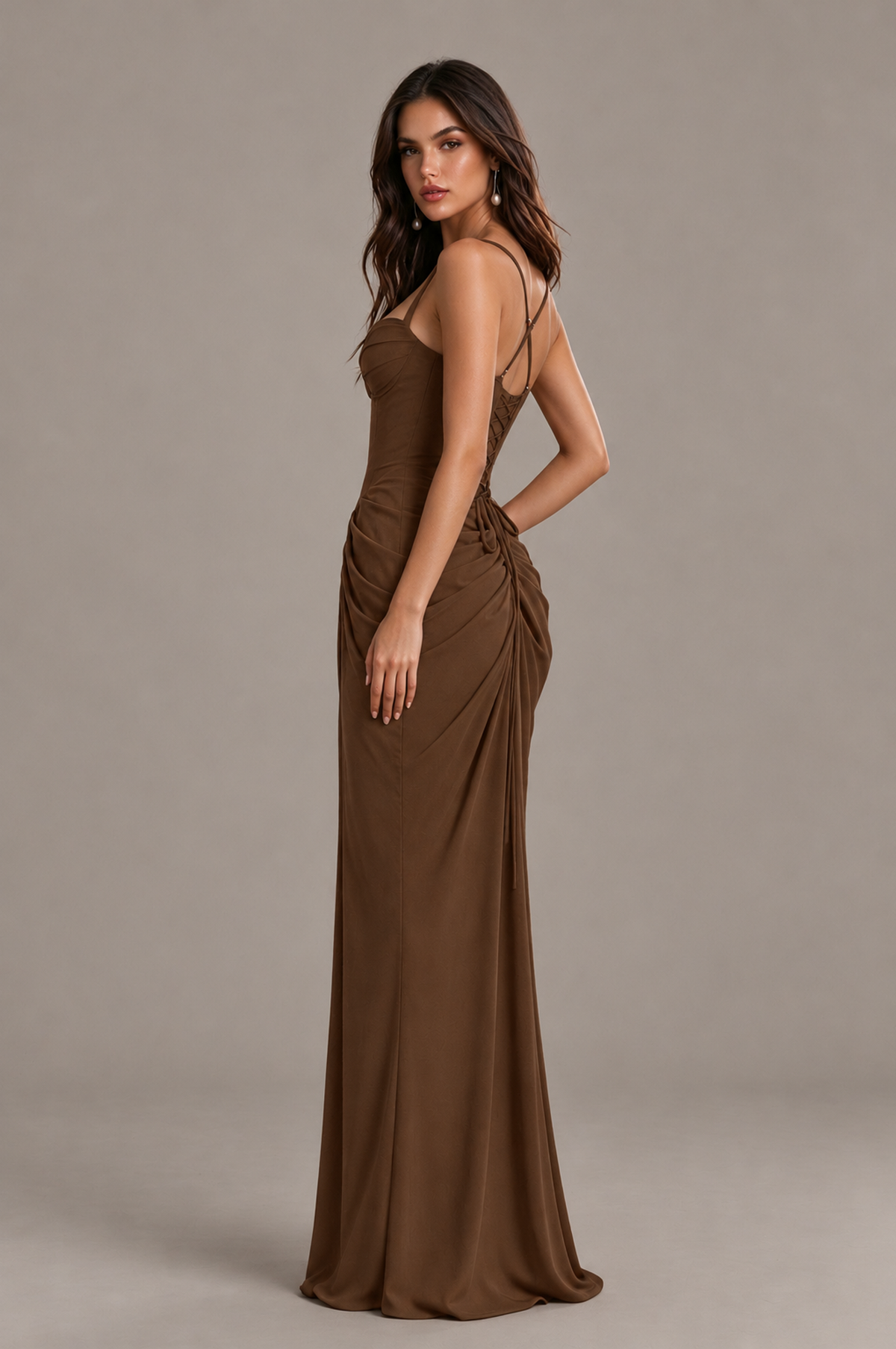 BOLODOO Brown Sweetheart Ruched Lace-Up Back Evening Gown - Brown - Brown_3