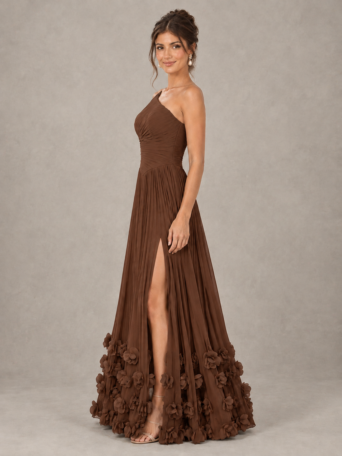 BOLODOO Brown One-Shoulder Pleated Bridesmaid Dress with 3D Floral Hem - Brown - Brown_3