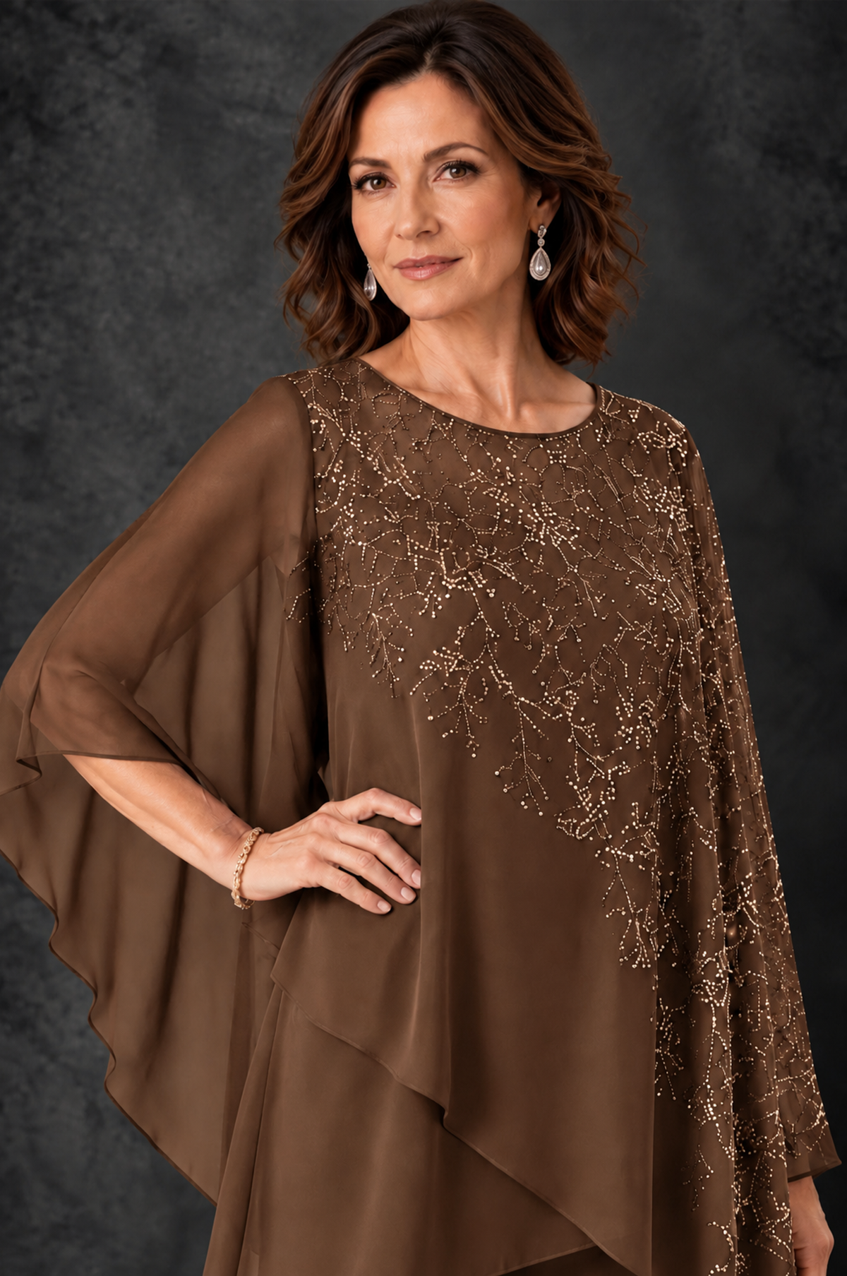 BOLODOO Brown Embellished Cape Pant Suit for Mother of the Bride - Brown - Brown_3