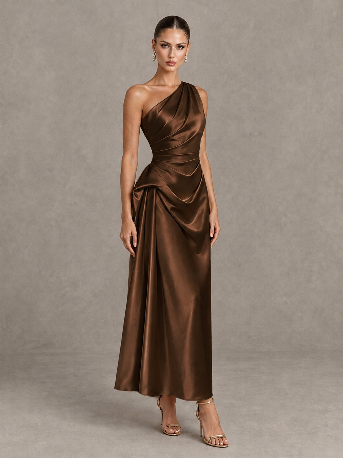 BOLODOO Brown One Shoulder Satin Cocktail Dress with Draped A-Line Skirt - Brown - Brown_3